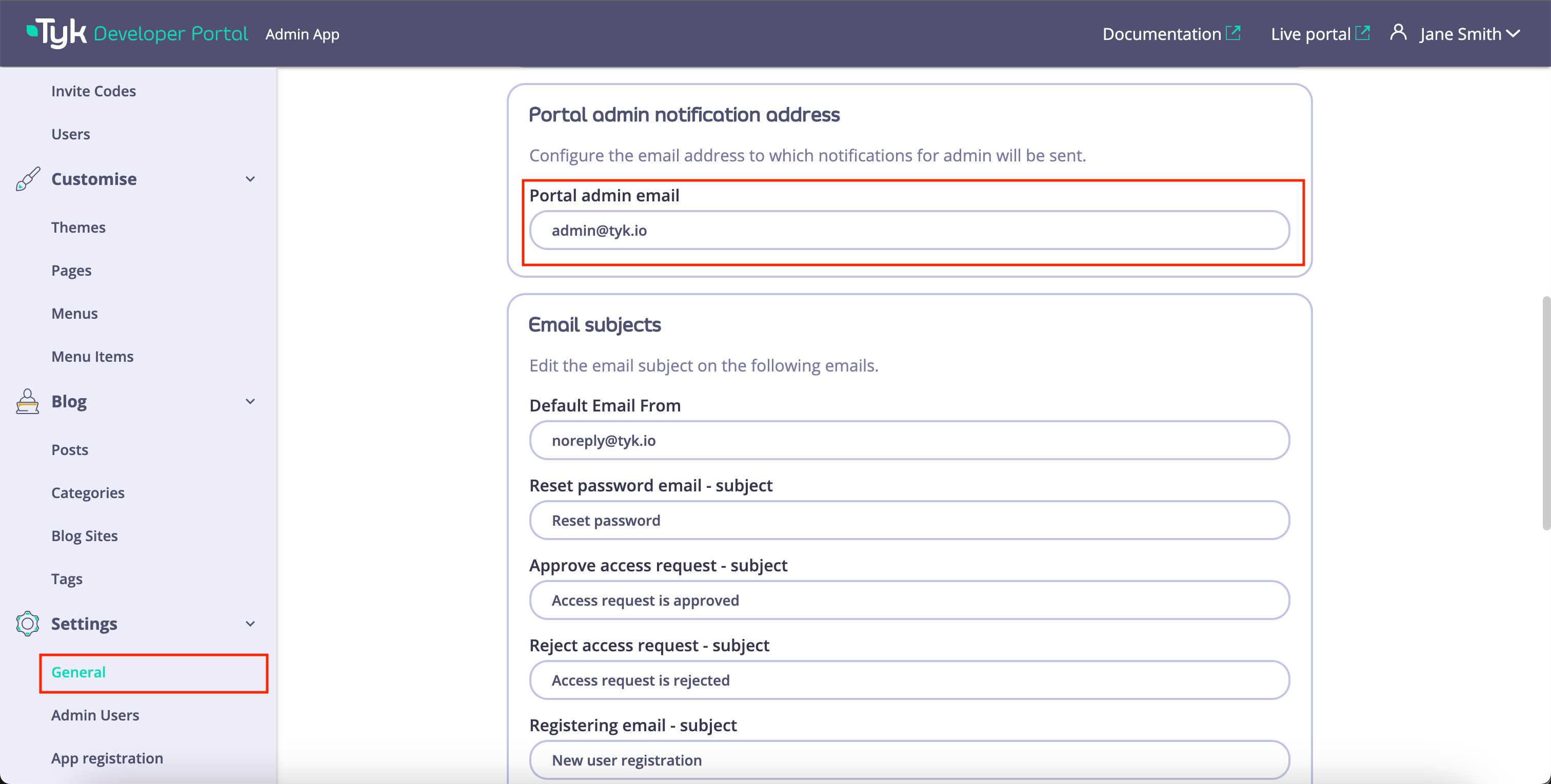 Portal admin notification address settings