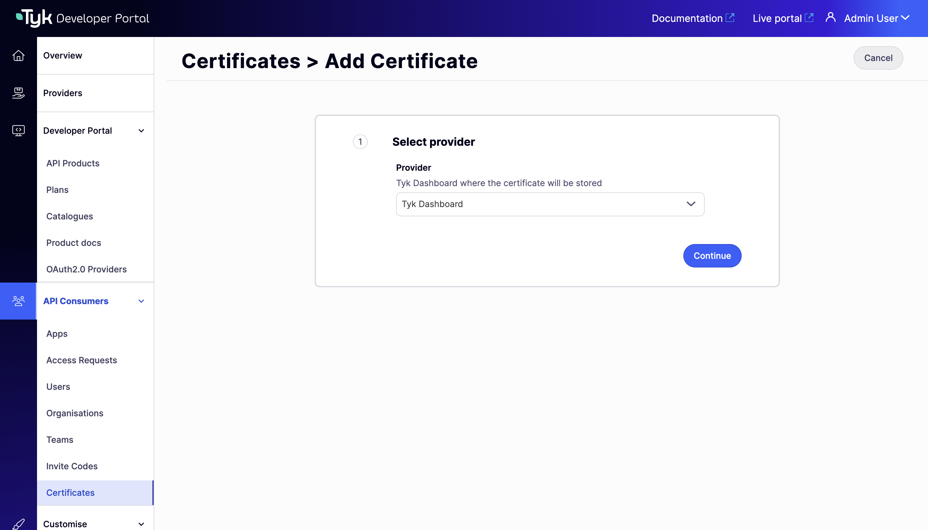 Step 1 of the Add Certificate wizard — selecting a Provider