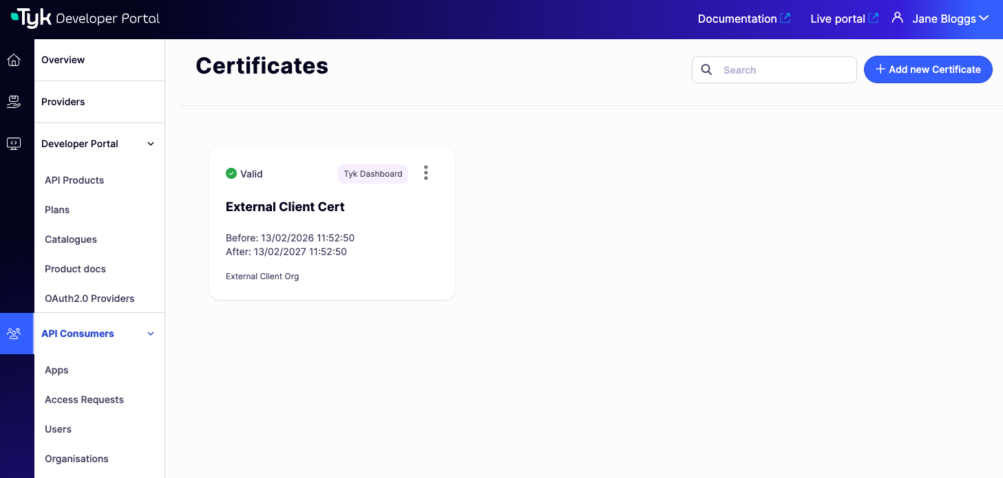 The Developer Portal's Certificate Store view