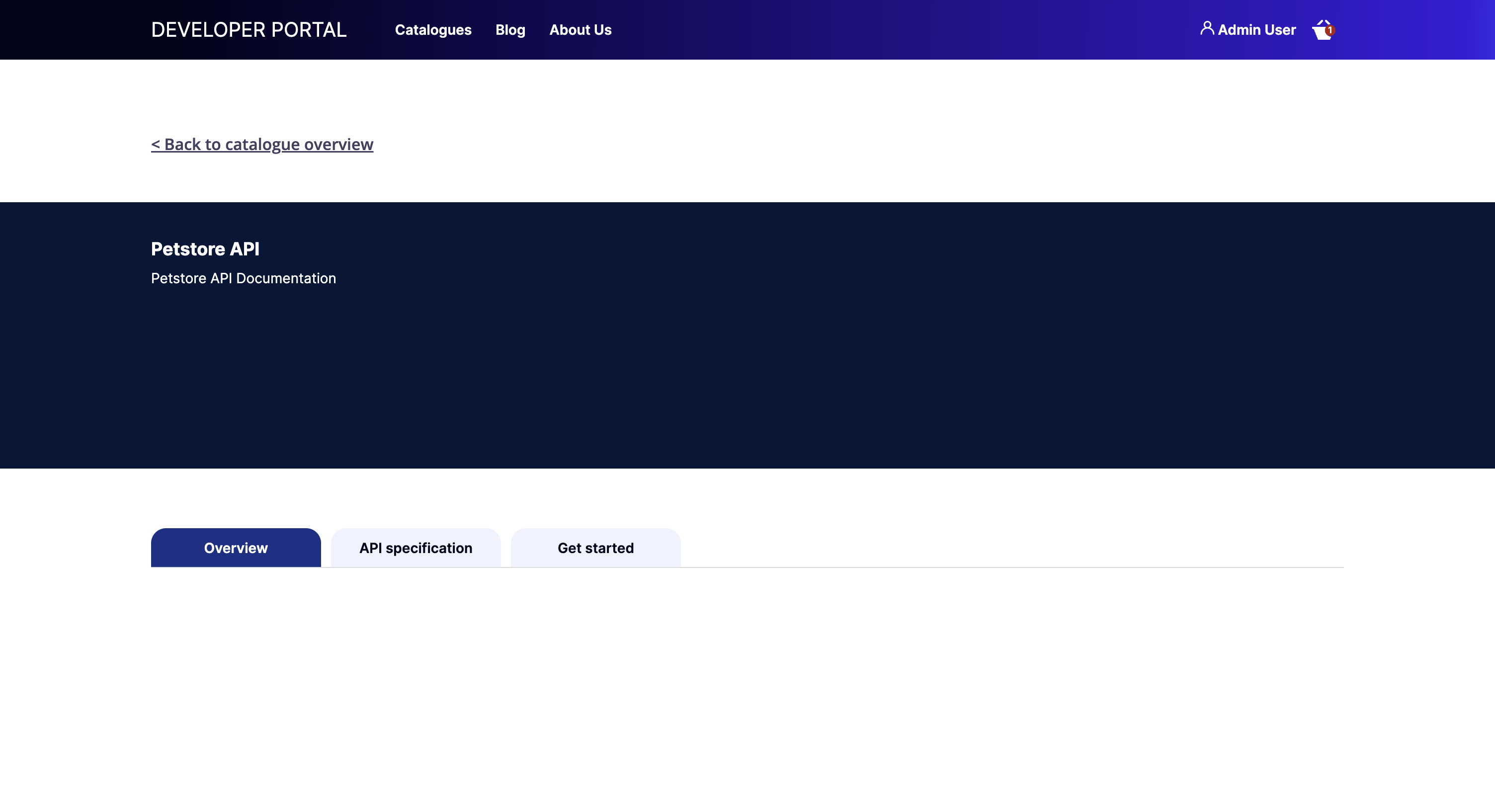 Live Portal page for a documentation-only Product, showing the Overview, API specification, and Get Started tabs with no Request Access button