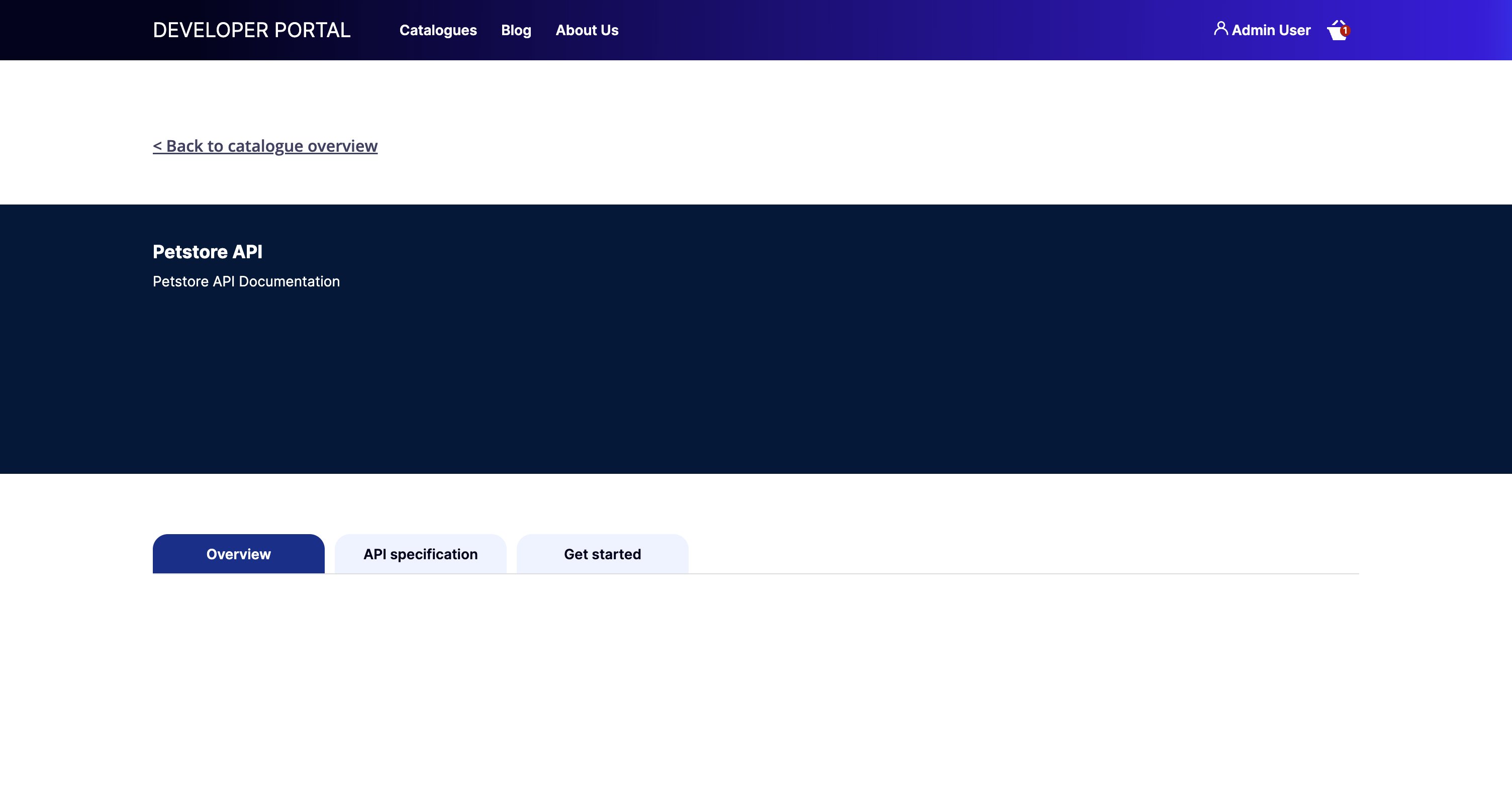 Live Portal page for a documentation-only Product, showing the Overview, API specification, and Get Started tabs with no Request Access button