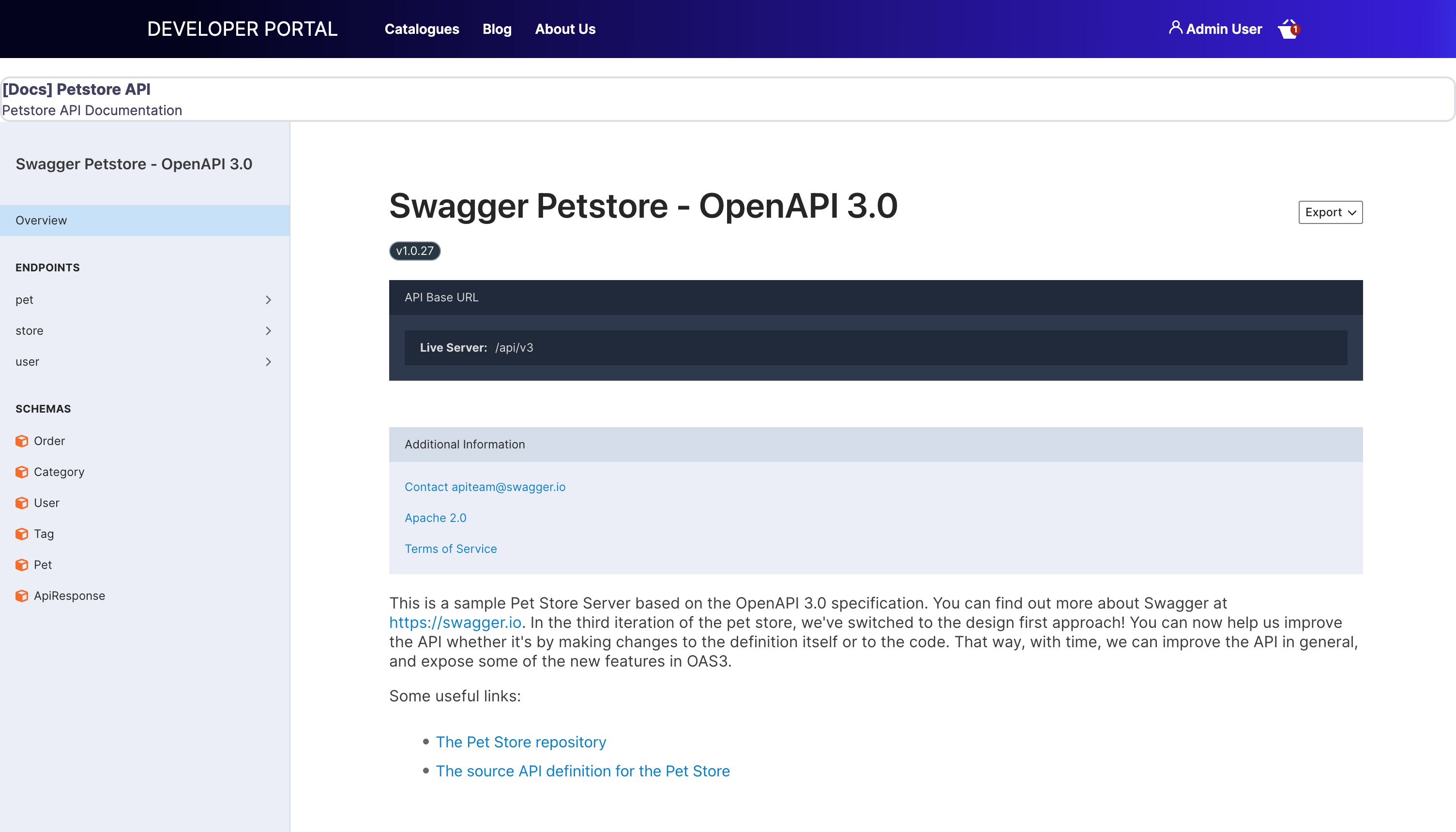 The API specification tab showing a rendered OpenAPI specification in Redoc, with endpoint navigation on the left and schema details on the right