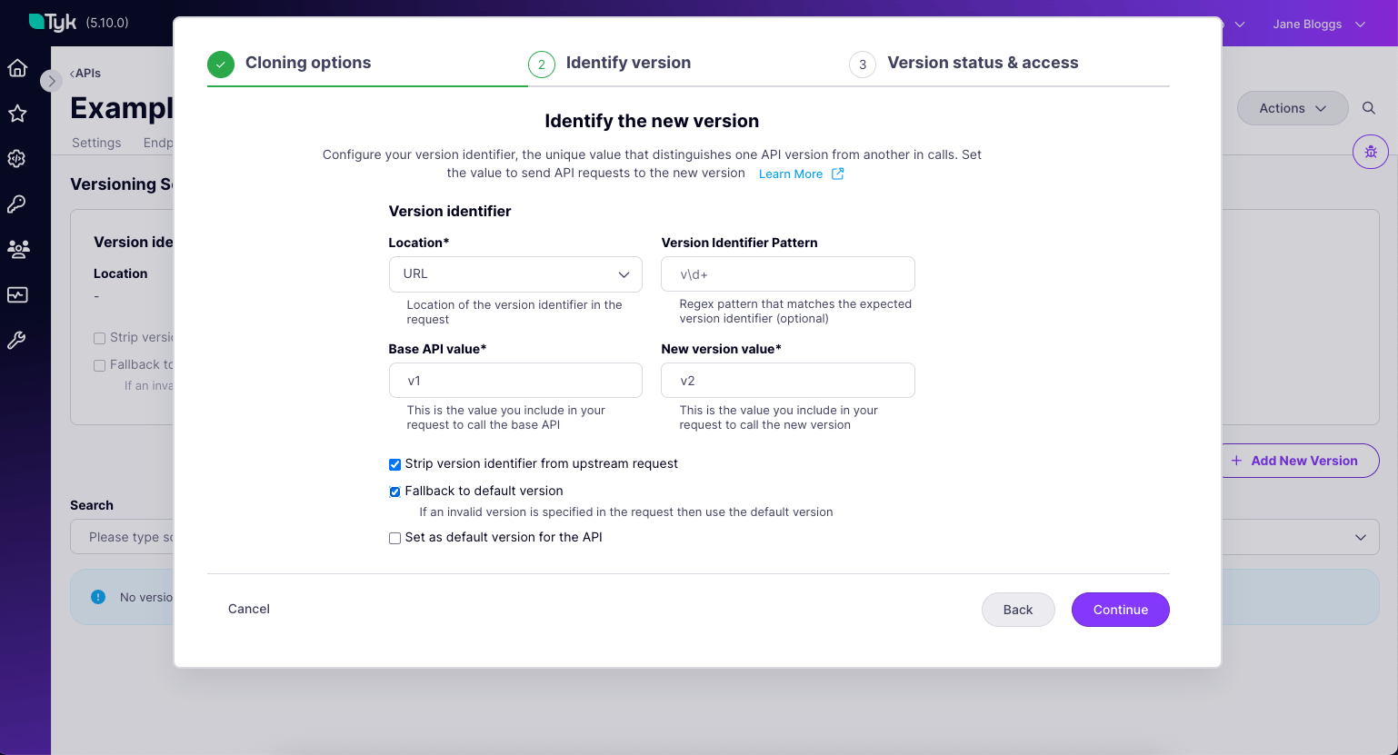 Configuring the version identifier from the version creation wizard