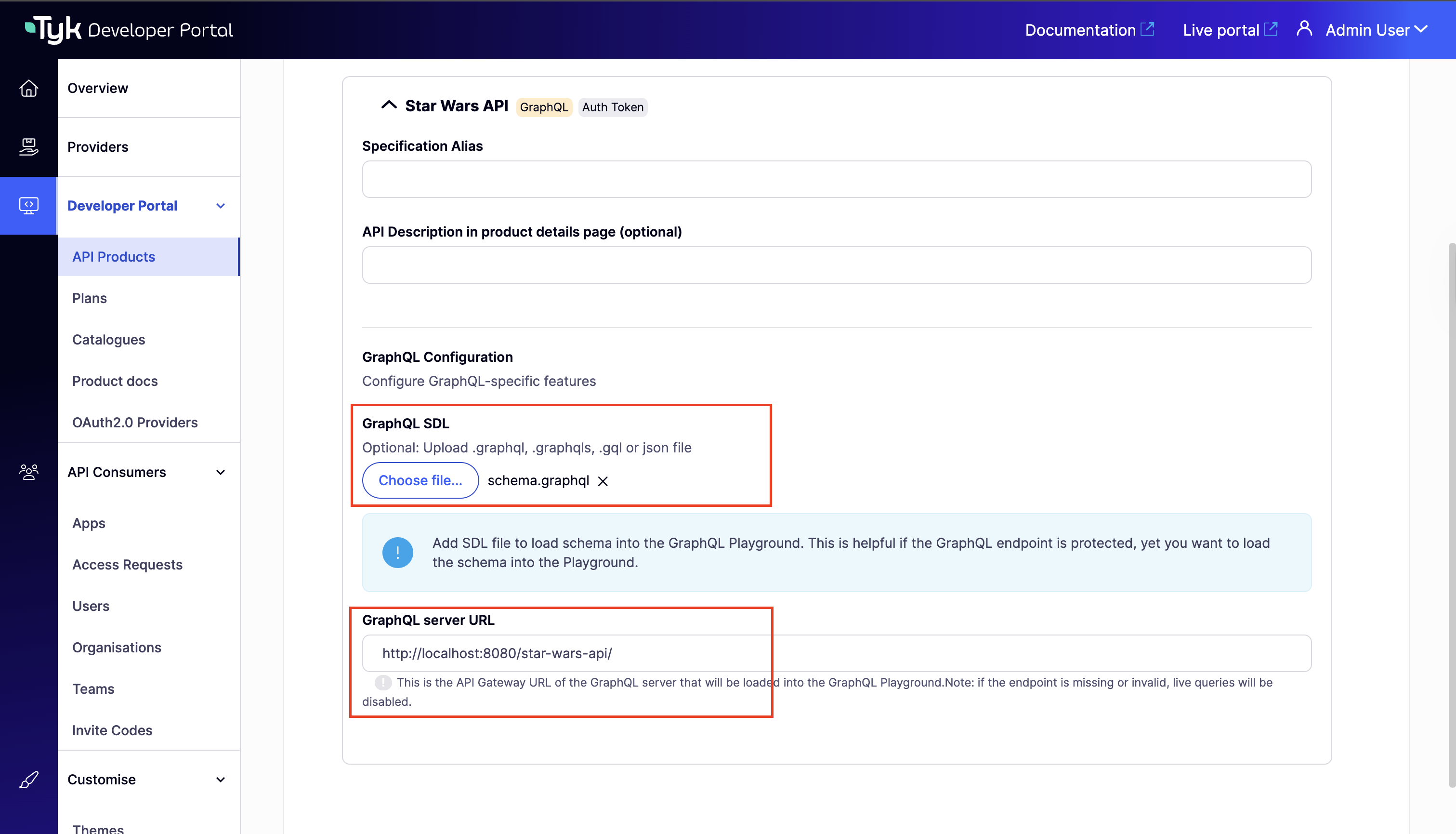 Documentation tab with GraphQL SDL upload and Server URL field