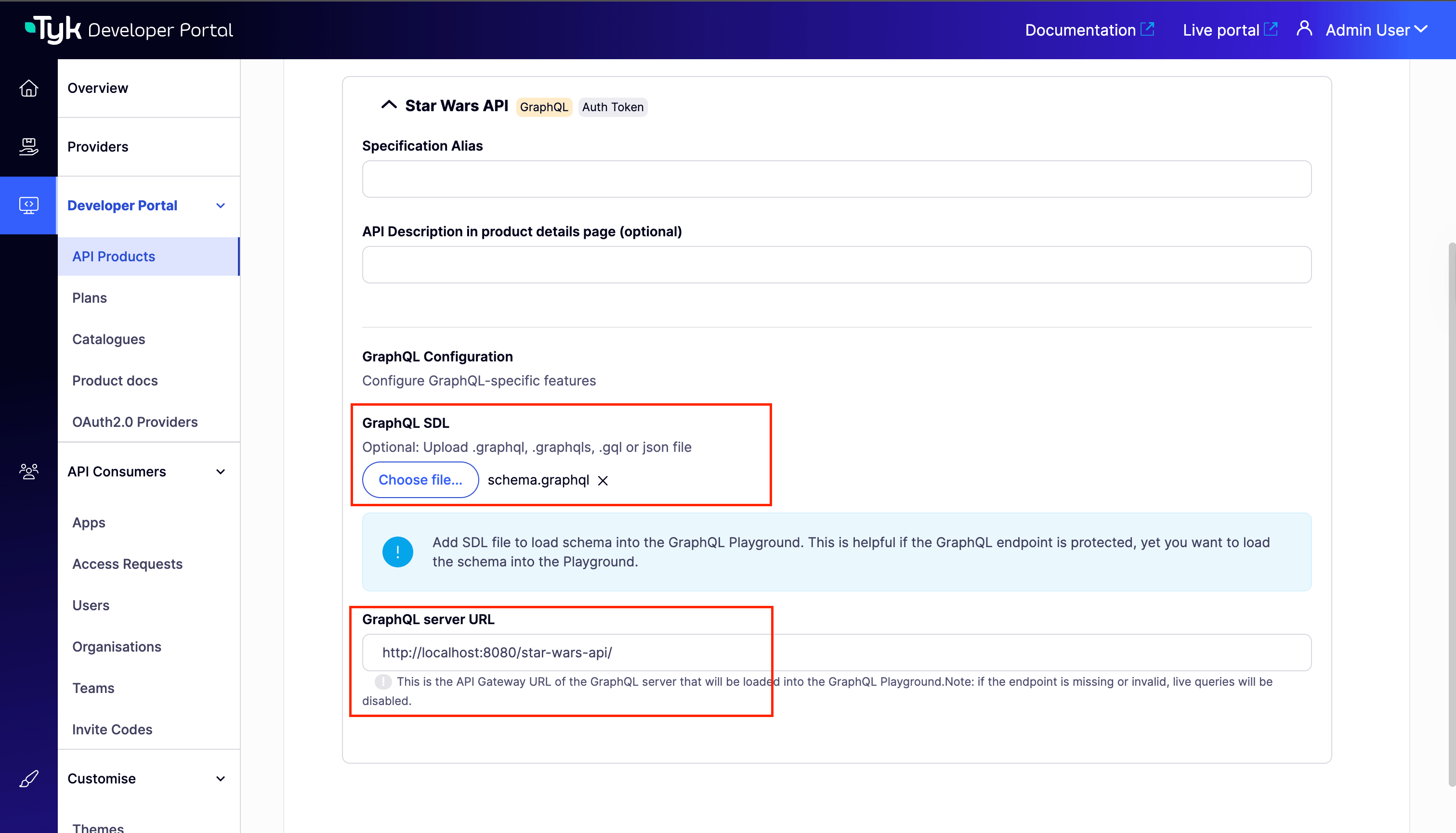 Documentation tab with GraphQL SDL upload and Server URL field