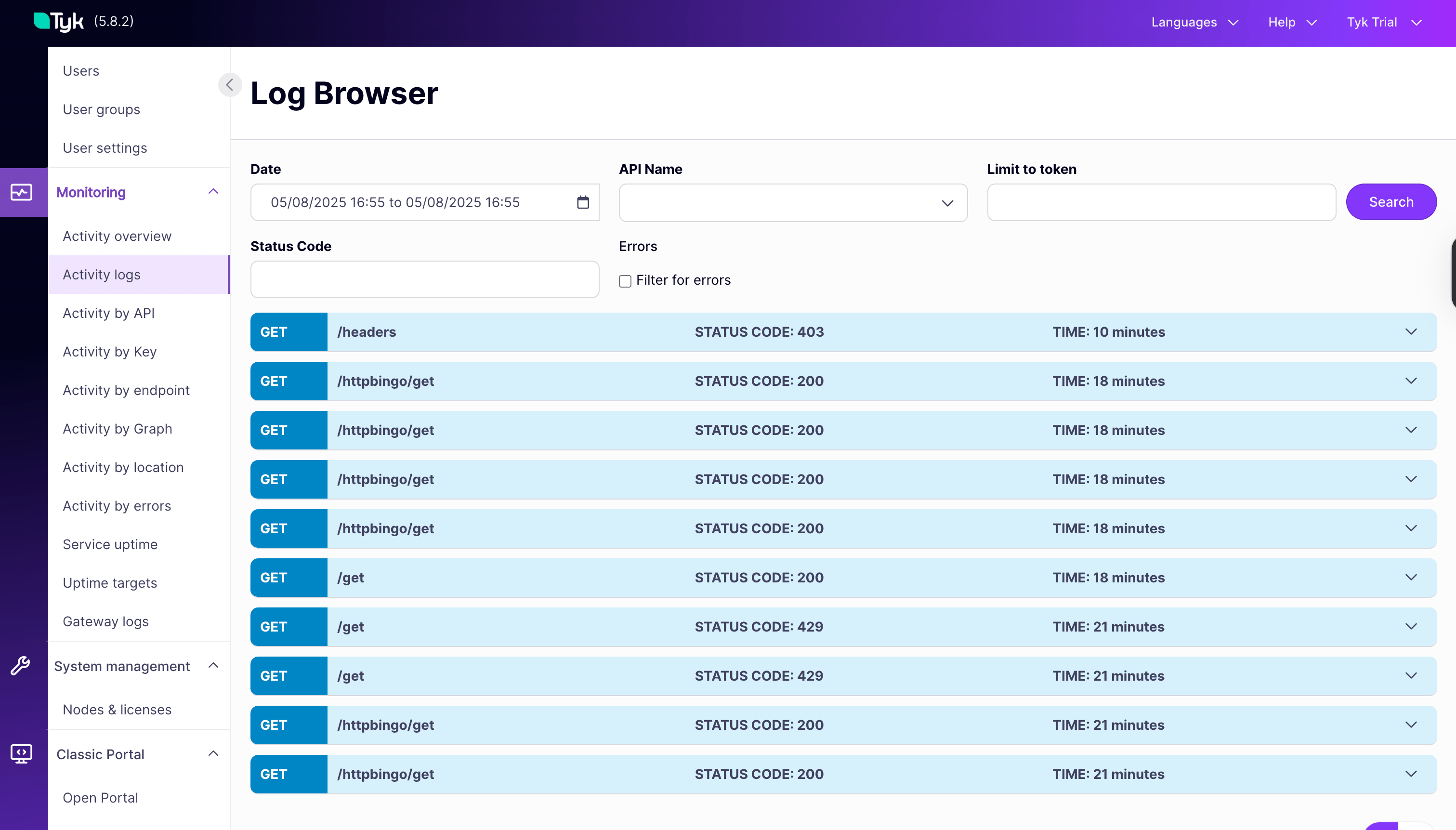 Docker Container Status of Tyk Self Managed Trial