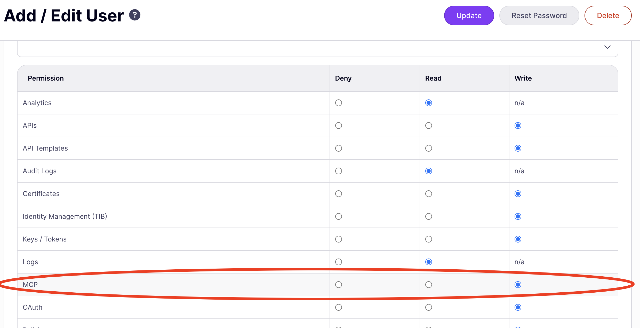 MCP permission setting in the Dashboard