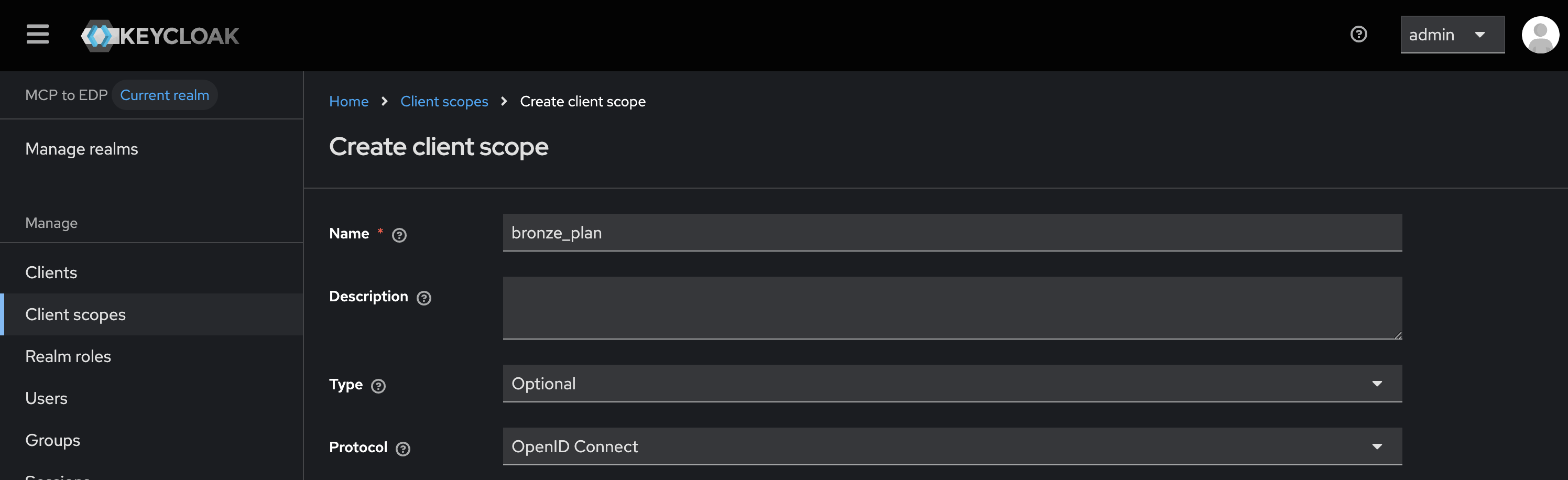 Creating the bronze_plan client scope in Keycloak, with Type set to Optional and Protocol set to OpenID Connect