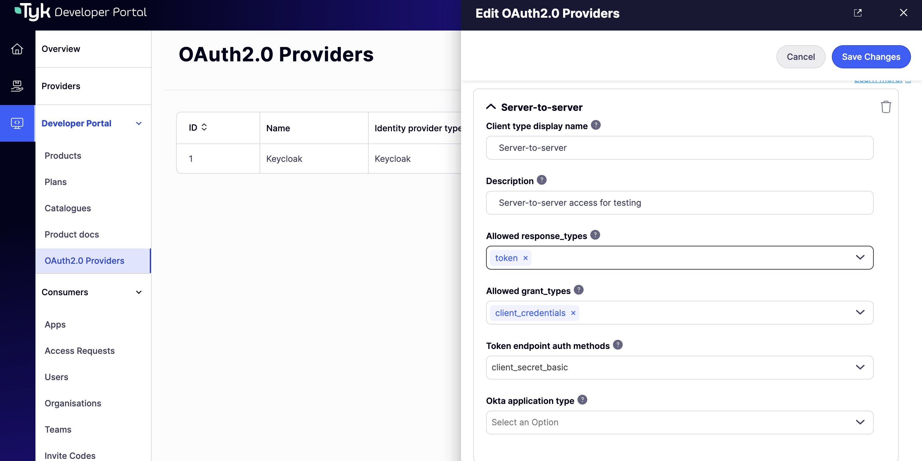 The Server-to-server Client Type form, showing Allowed response_types set to token, Allowed grant_types set to client_credentials, and Token endpoint auth methods set to client_secret_basic