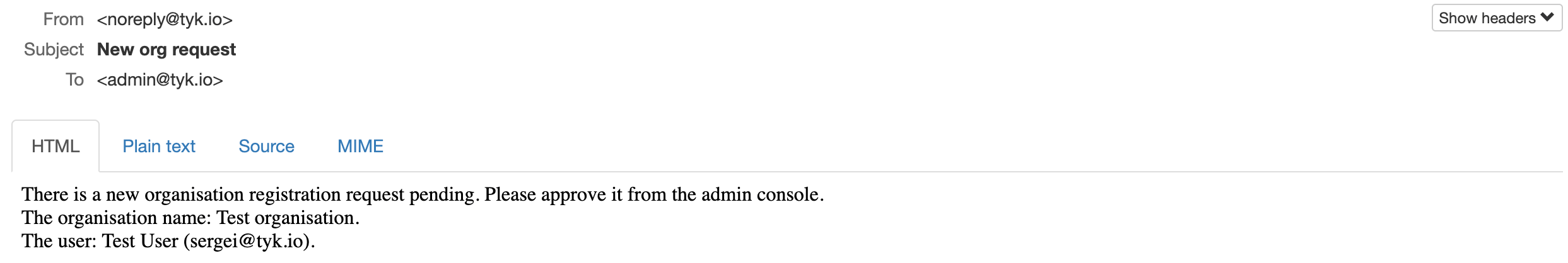 New Organisation registration request notification