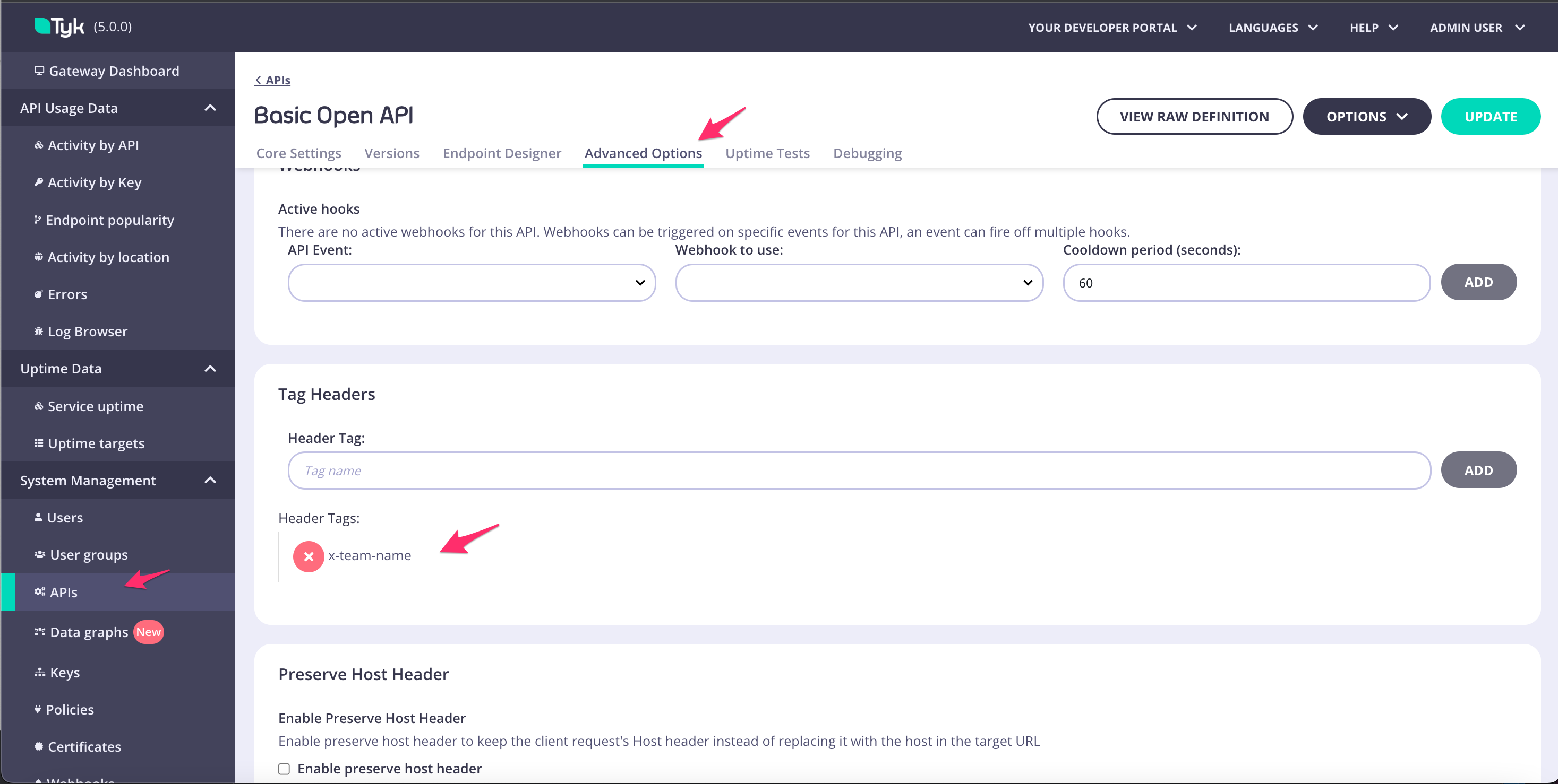 Tag Headers option in the Tyk Classic API Designer