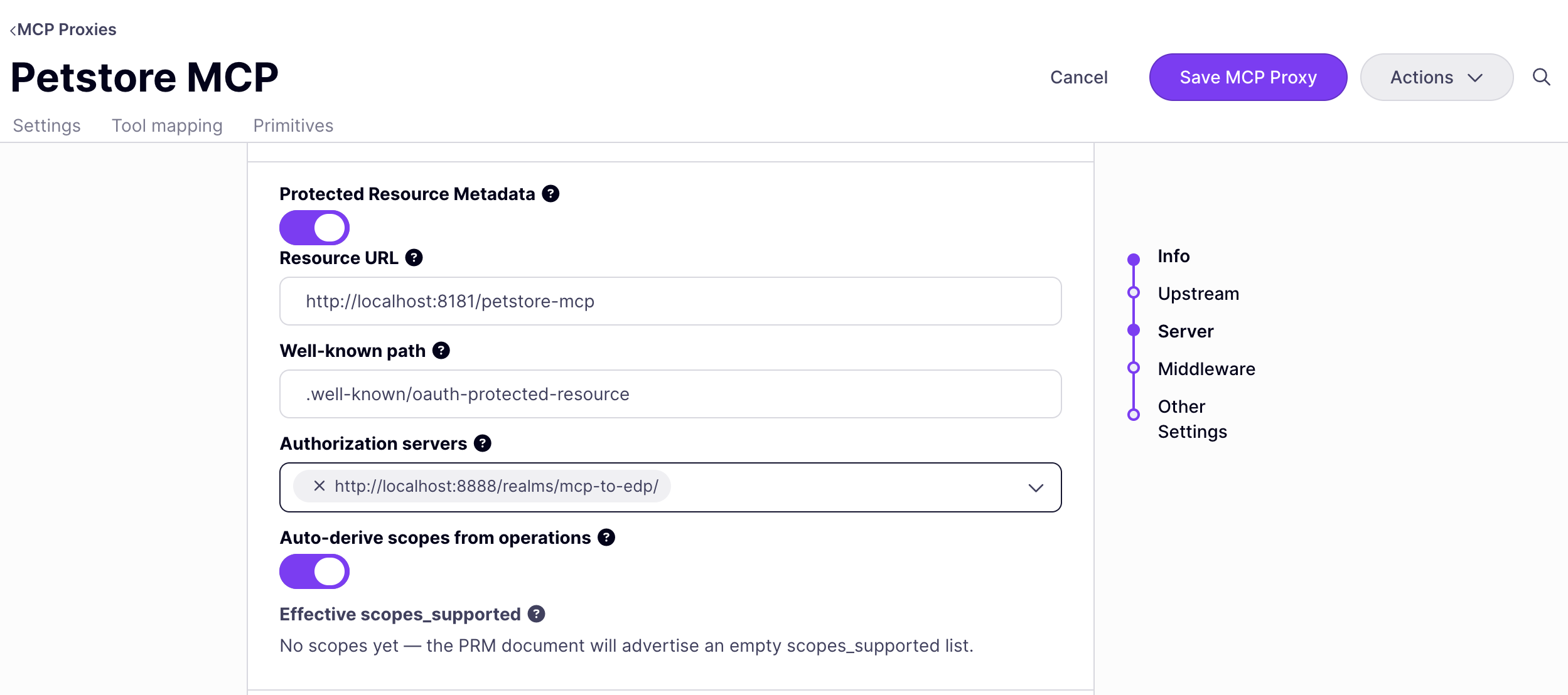 Configuring Protected Resource Metadata on the Petstore MCP API definition, with Resource URL set to http://localhost:8181/petstore-mcp, Authorization servers set to the mcp-to-edp realm issuer, and Auto-derive scopes from operations enabled
