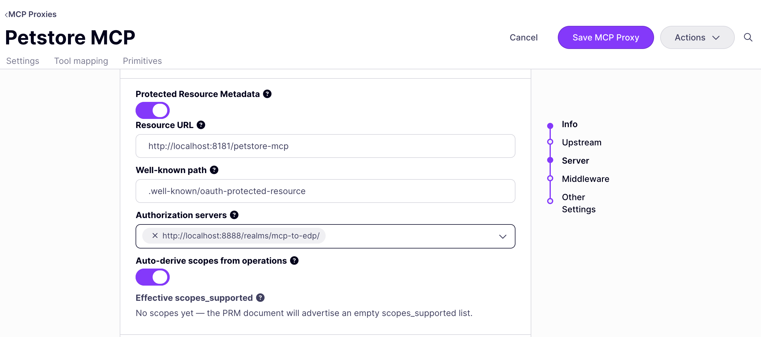 Configuring Protected Resource Metadata on the Petstore MCP API definition, with Resource URL set to http://localhost:8181/petstore-mcp, Authorization servers set to the mcp-to-edp realm issuer, and Auto-derive scopes from operations enabled