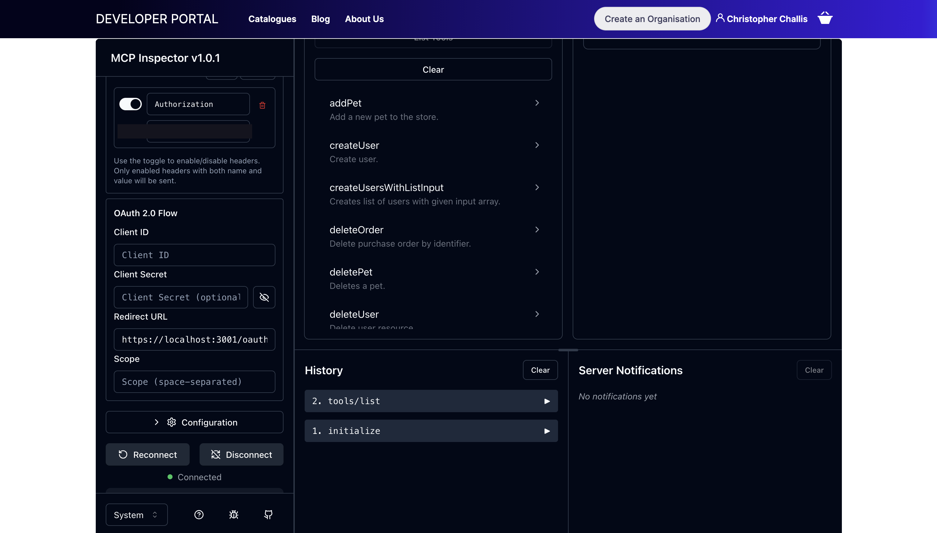 The MCP Inspector connected to the Petstore MCP proxy, showing a successful tools/list call in History and the proxy's real tool list including addPet, createUser, and deletePet