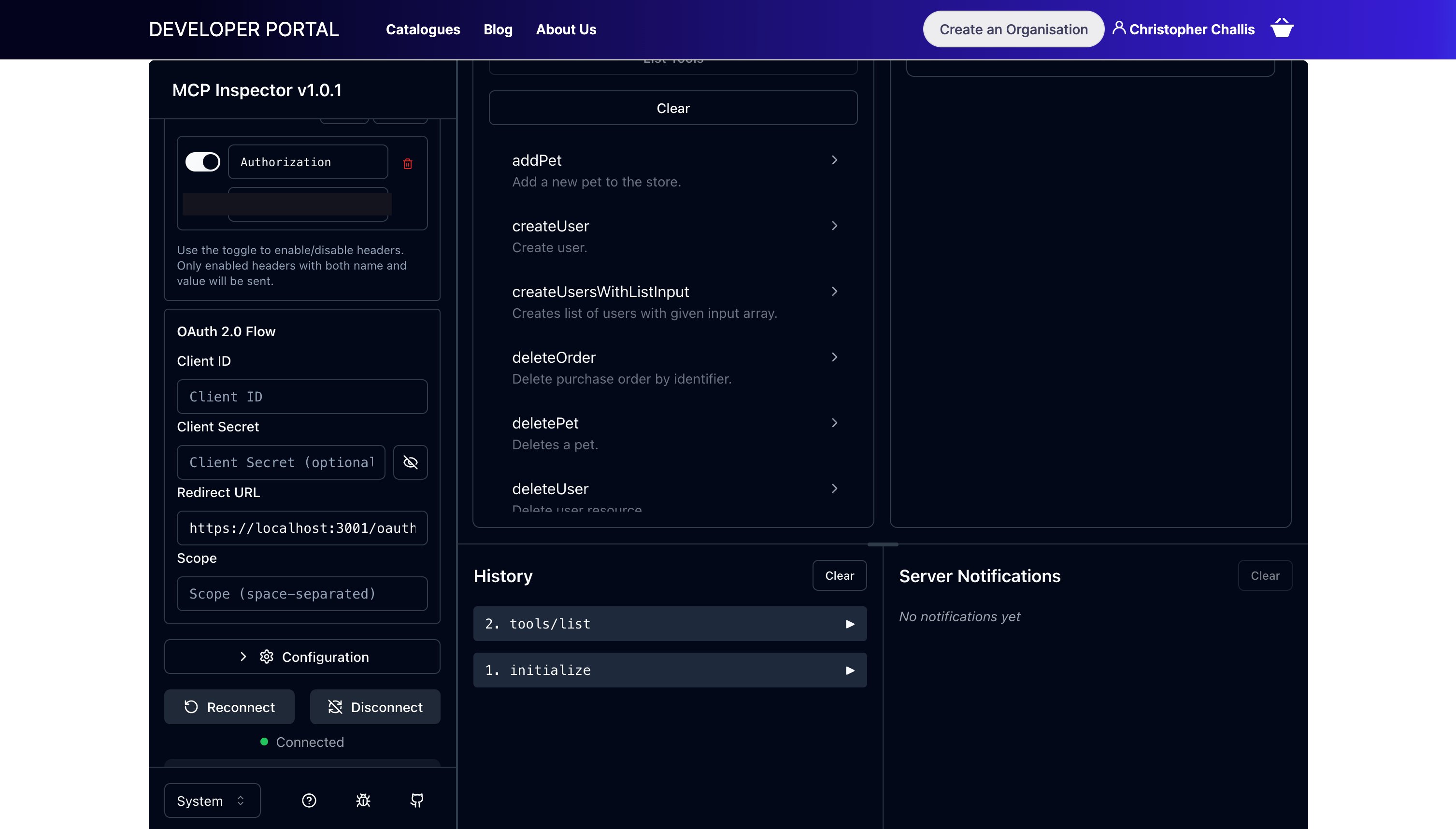 The MCP Inspector connected to the Petstore MCP proxy, showing a successful tools/list call in History and the proxy's real tool list including addPet, createUser, and deletePet