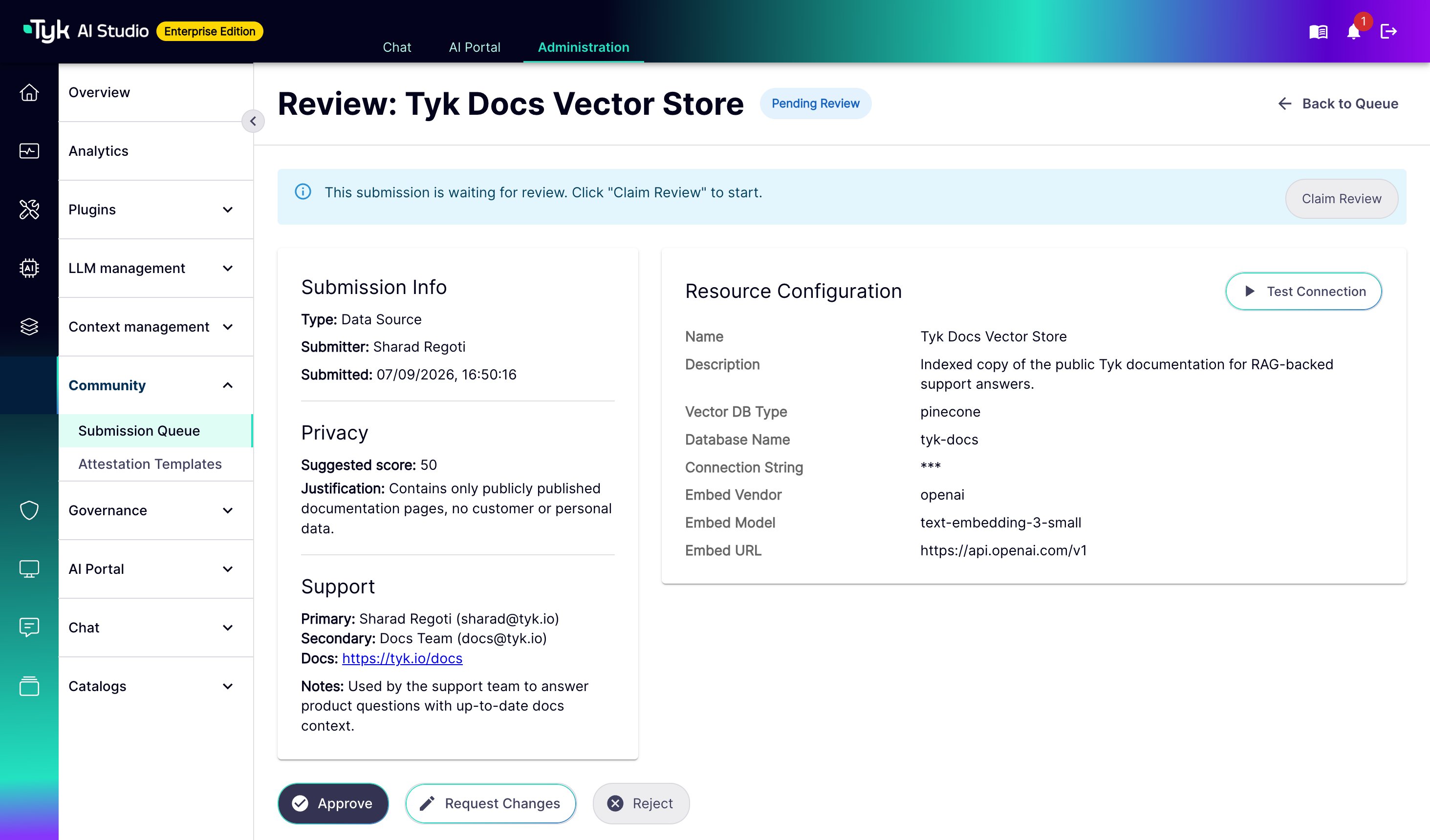Submission review screen showing the resource configuration, suggested privacy score, support details, and Approve, Request Changes, and Reject actions