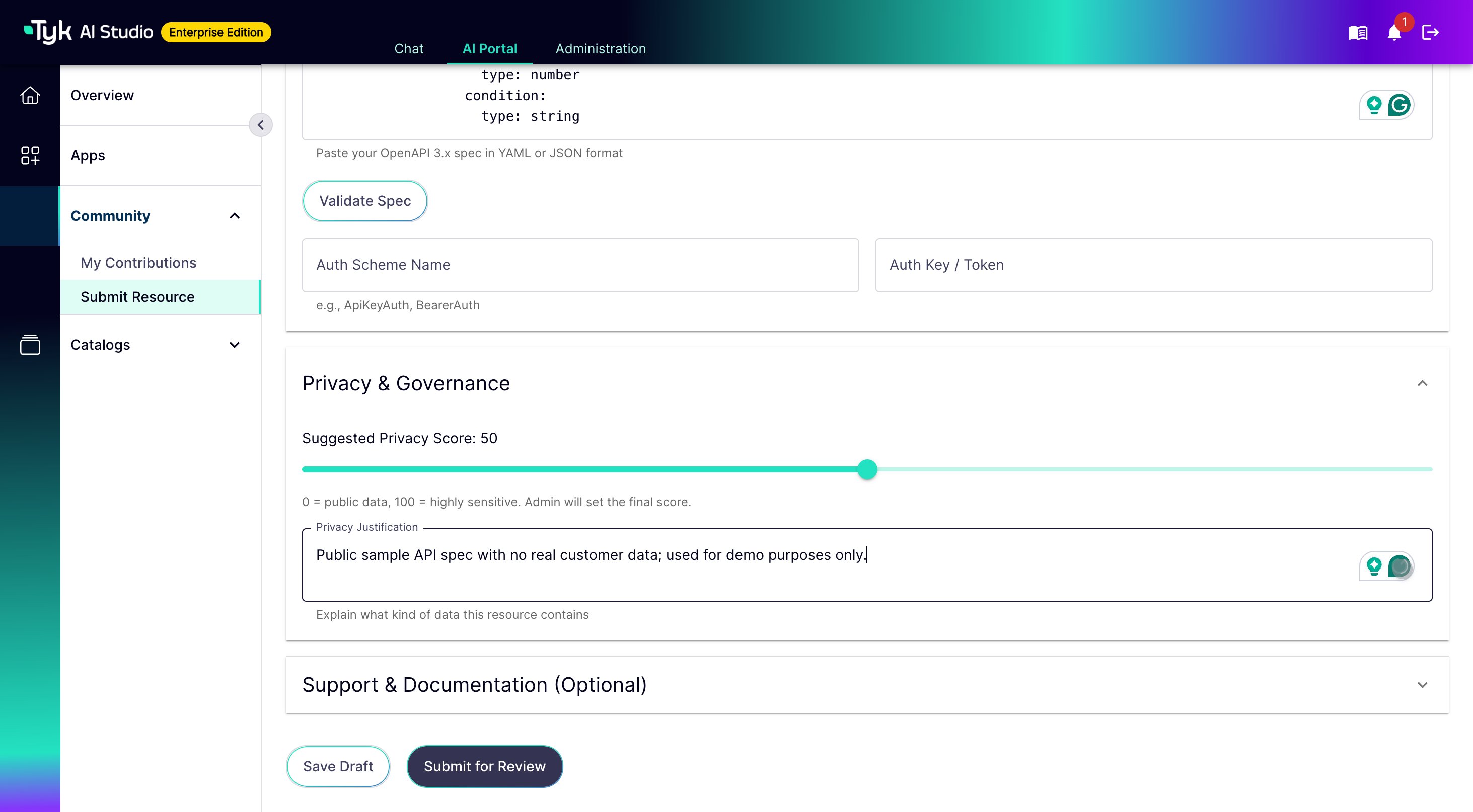 Submit a Resource form in the AI Portal, showing the Tool (OpenAPI) resource type with an OpenAPI spec pasted into the OpenAPI Specification section