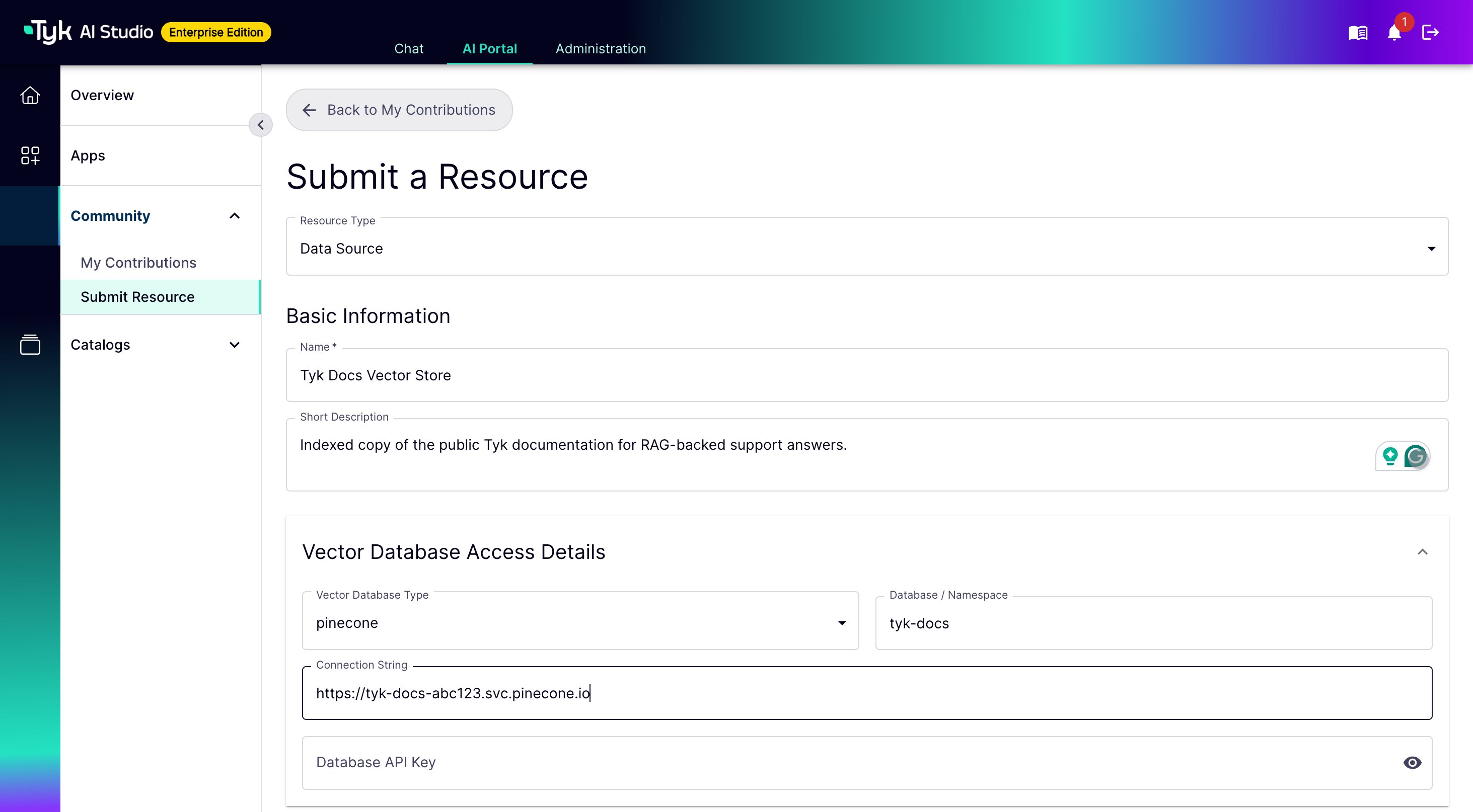 Submit a Resource form in the AI Portal, showing the Data Source resource type with Basic Information and Vector Database Access Details sections