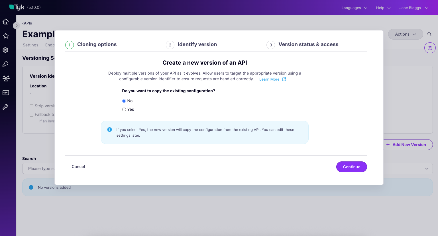 Creating a new version of a Tyk OAS API using the version creation wizard