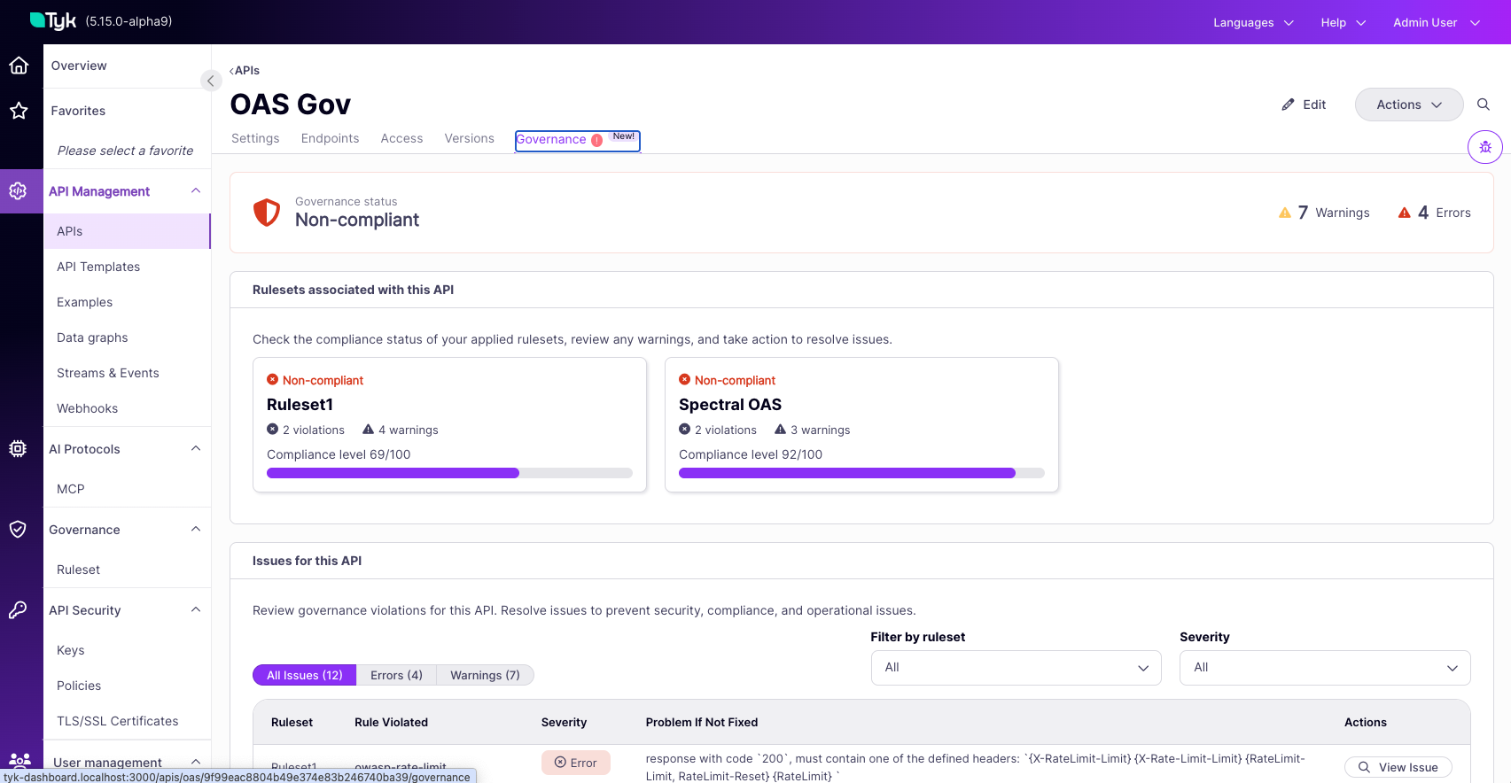 Governance tab on a service