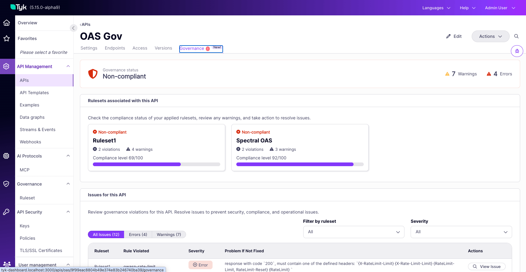 Governance tab on a service
