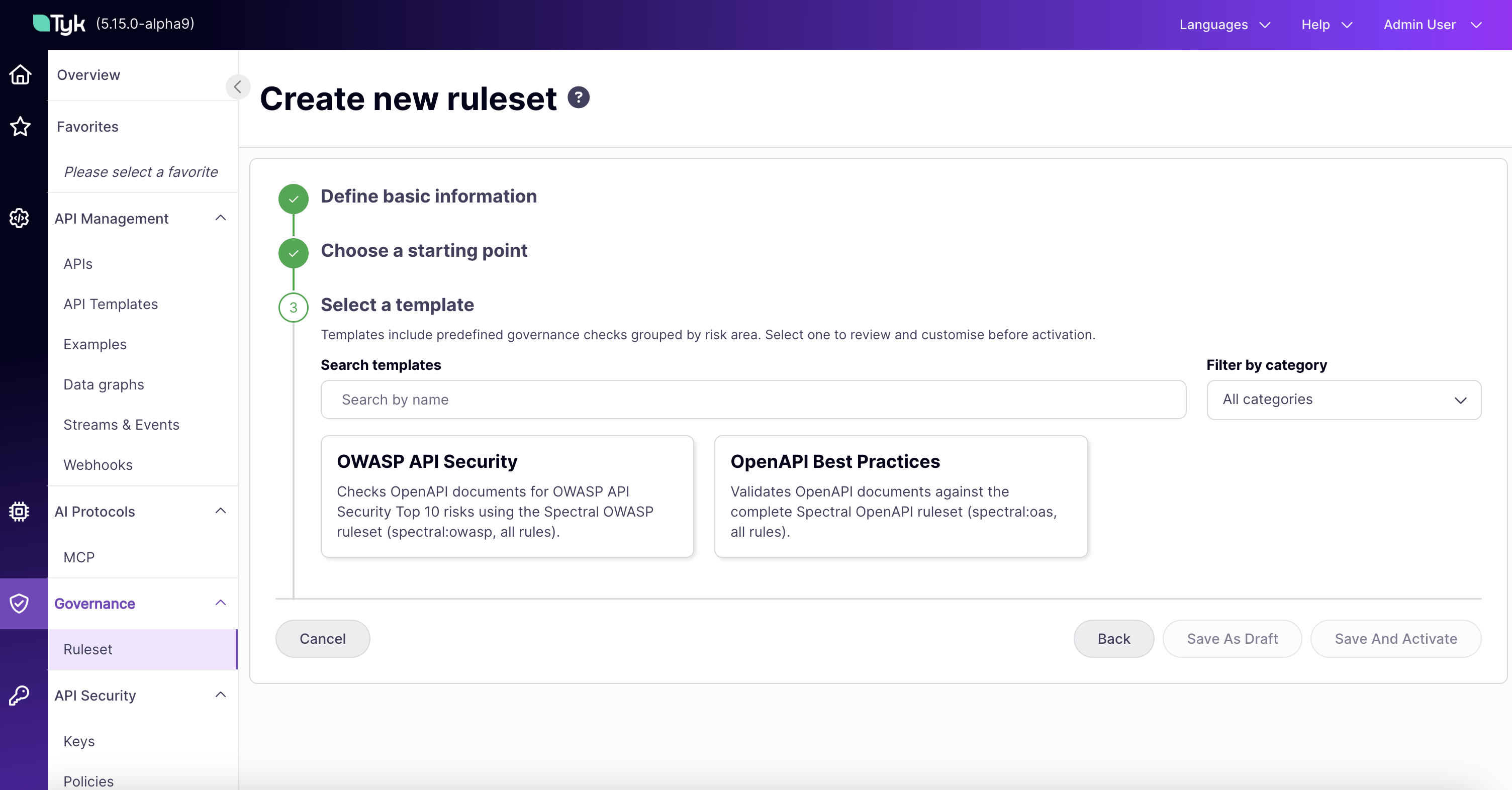 Create ruleset wizard, template selection