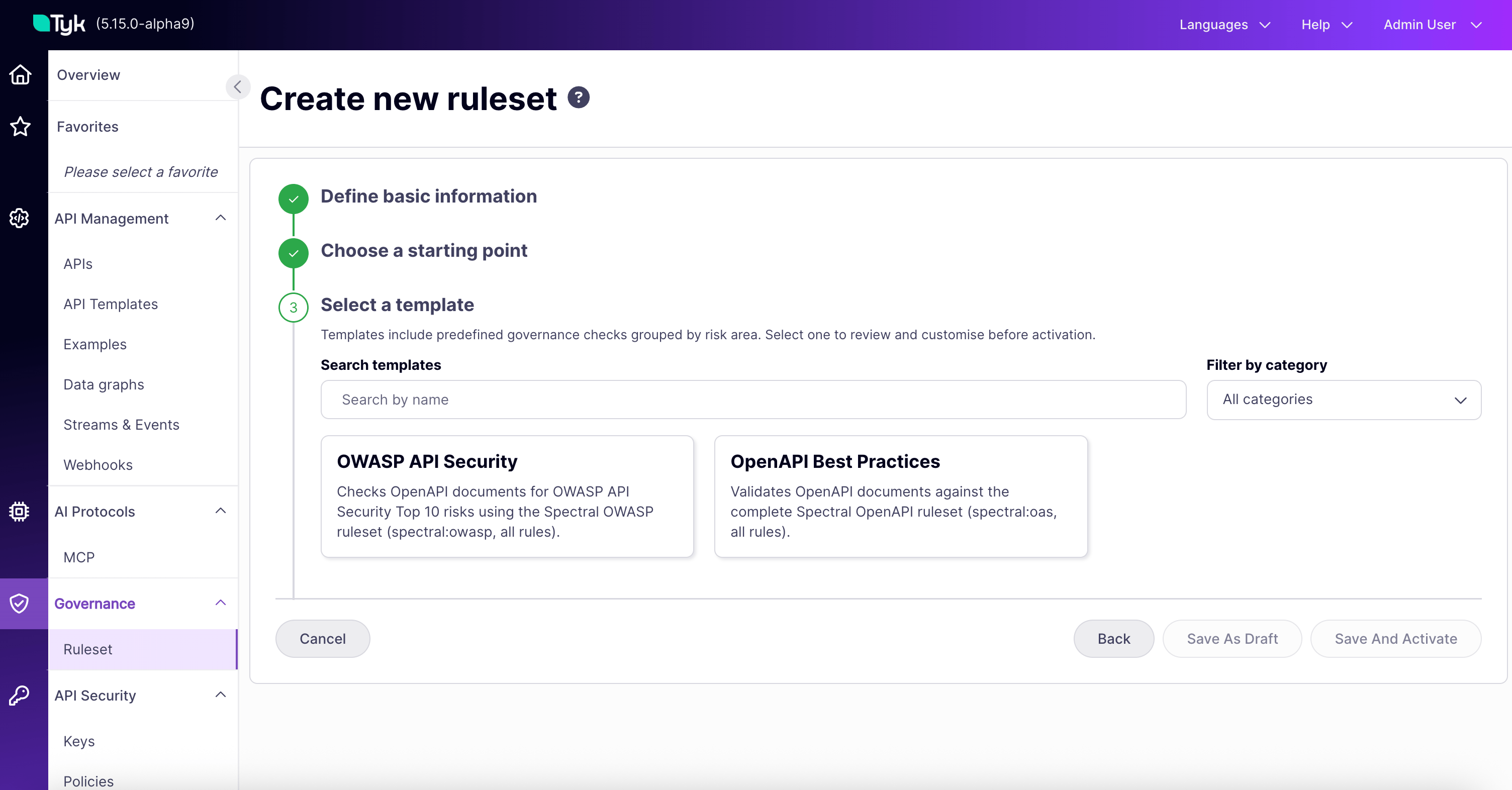 Create ruleset wizard, template selection