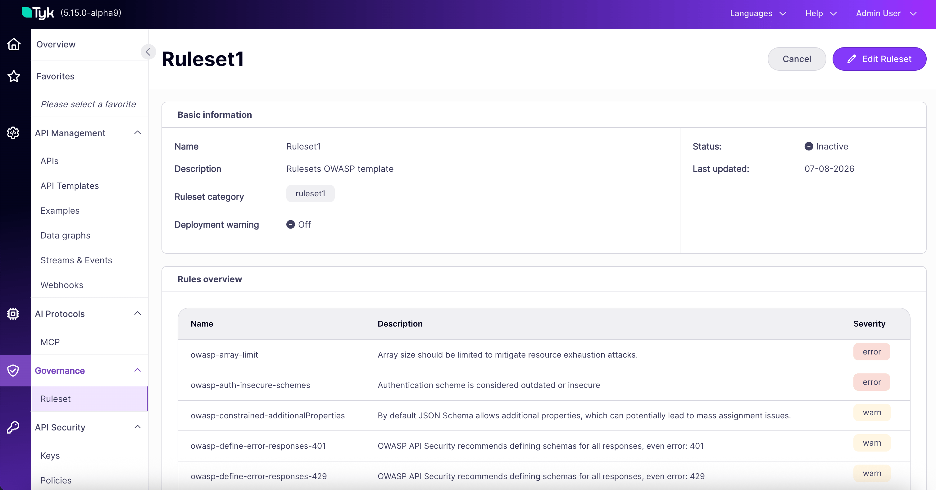 Ruleset detail page after creation, showing configuration and test panel