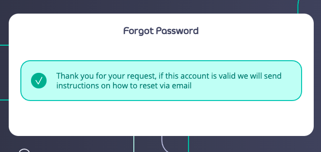 Confirmation screen showing that a password reset email has been sent