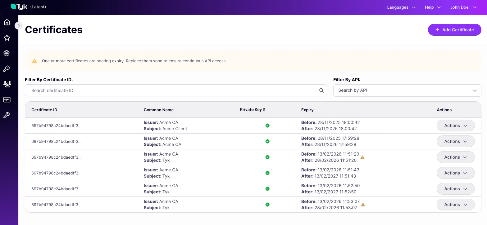 Dashboard listing content of Tyk Certificate Store