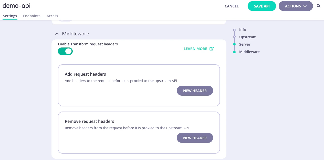 Tyk OAS API Designer showing API-level Request Header Transform