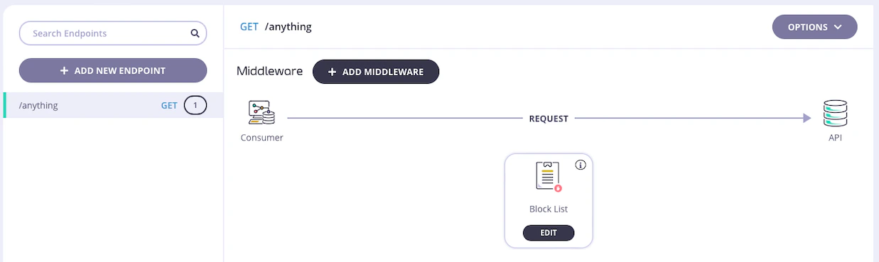 Block List middleware added to endpoint - click through to edit the config