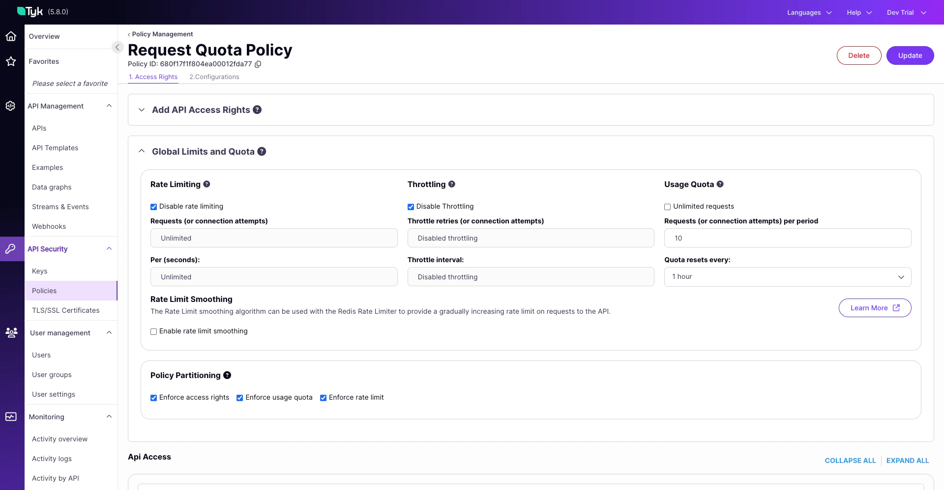 policy with request quota configured