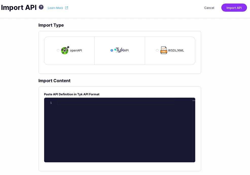 Loading the API definition into Tyk Dashboard