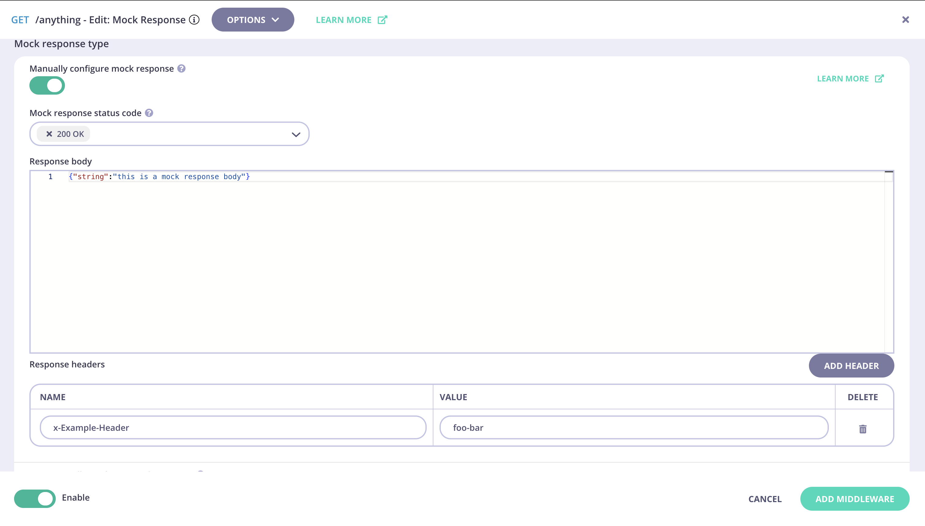Configuring the mock response
