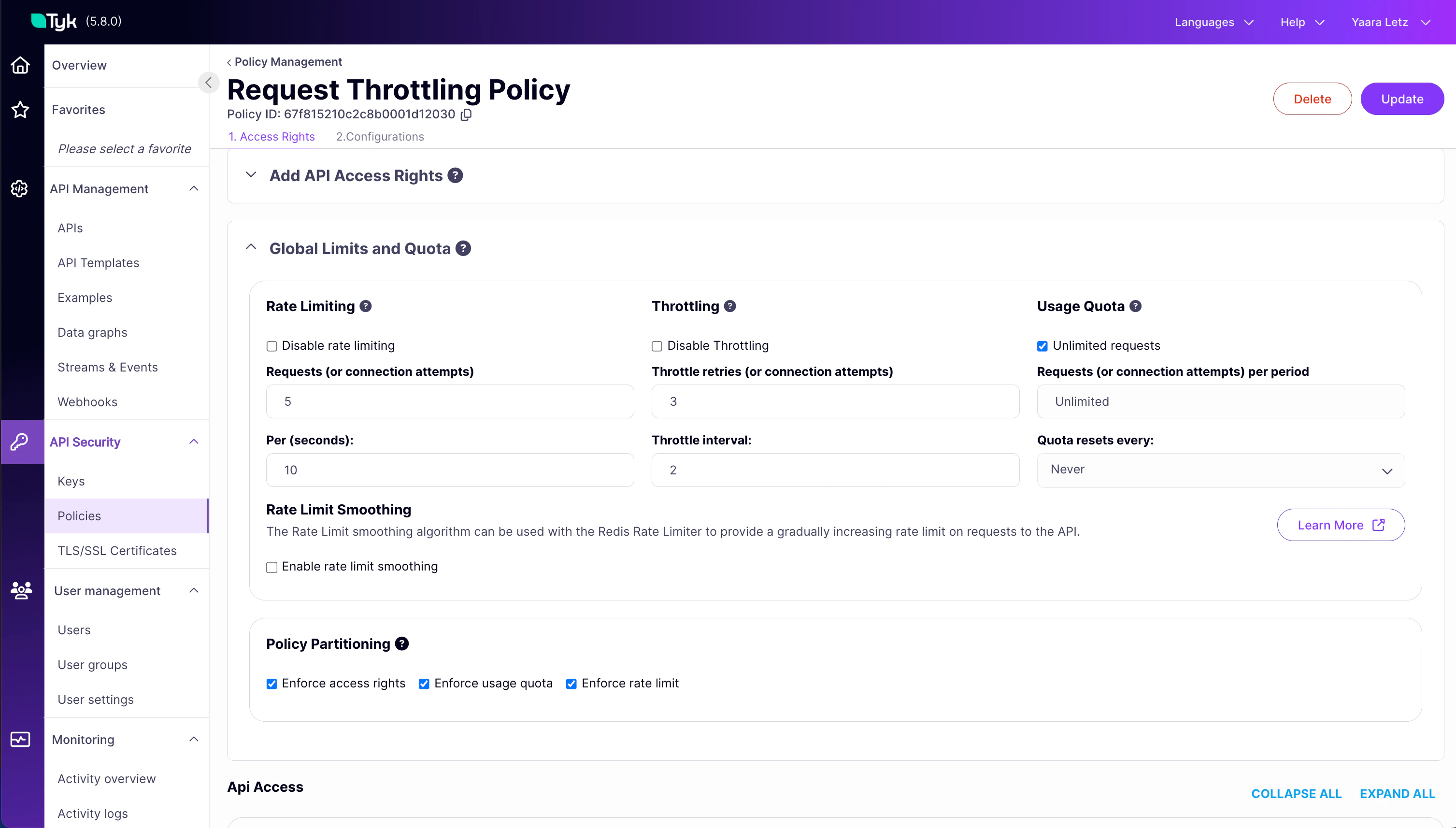 policy with throttling configured