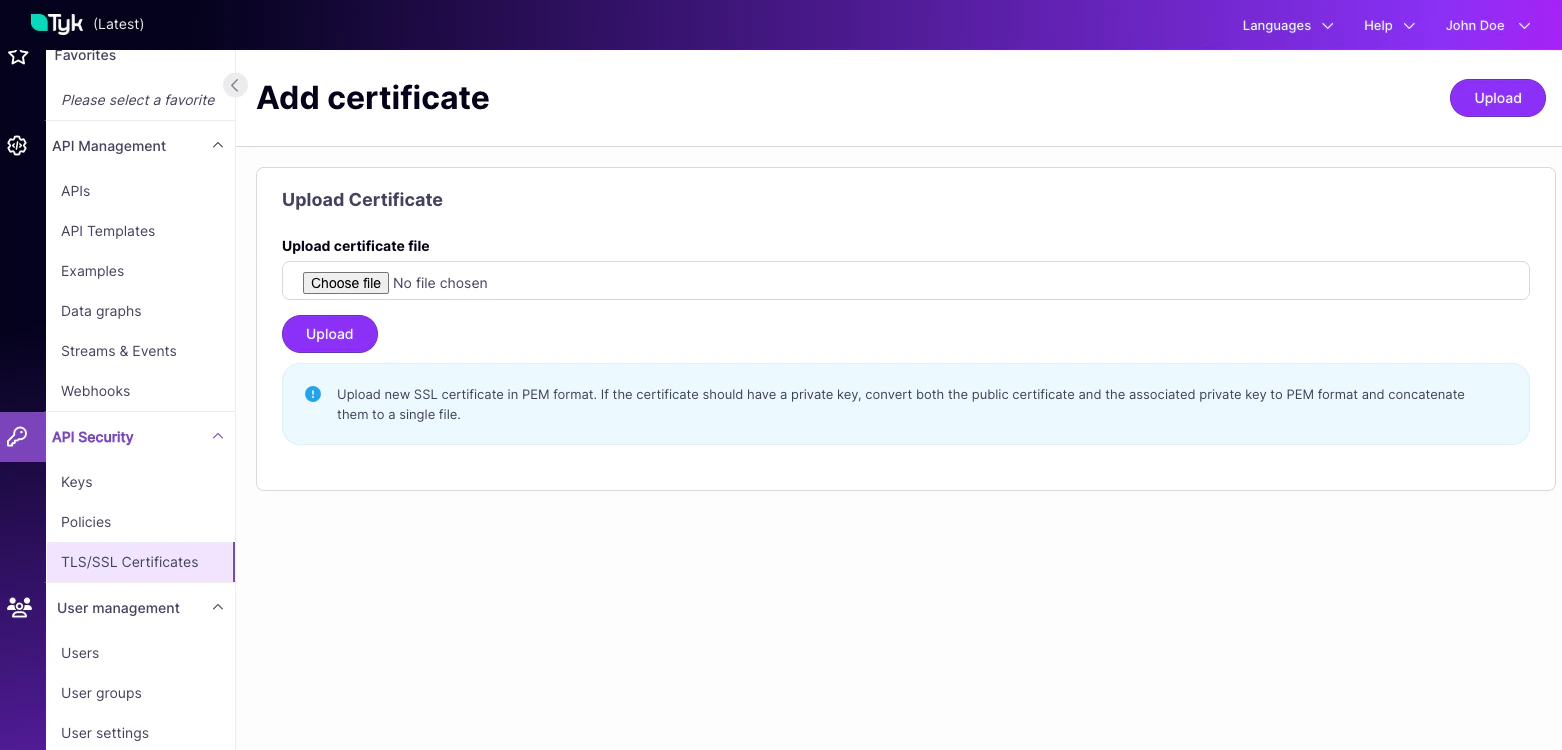 Dashboard showing the certificate upload screen