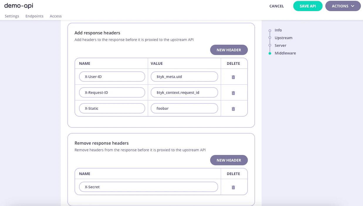 Configuring the API-level Response Header Transform in Tyk OAS API Designer
