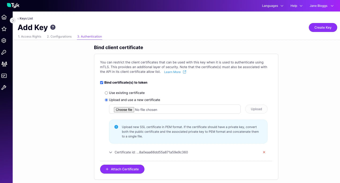 Uploading a client certificate to bind to the API Key