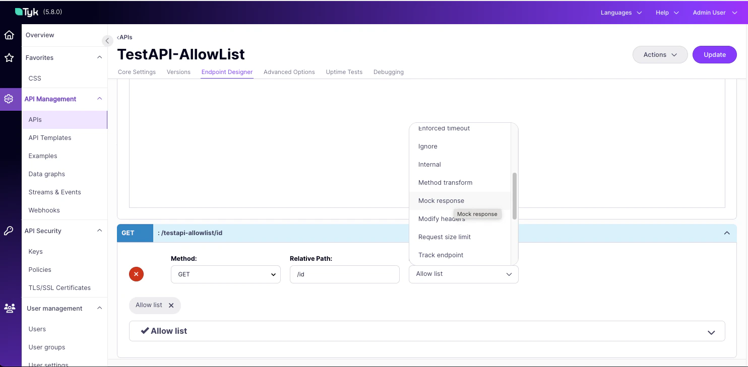 Selecting the mock response middleware for a Tyk Classic API