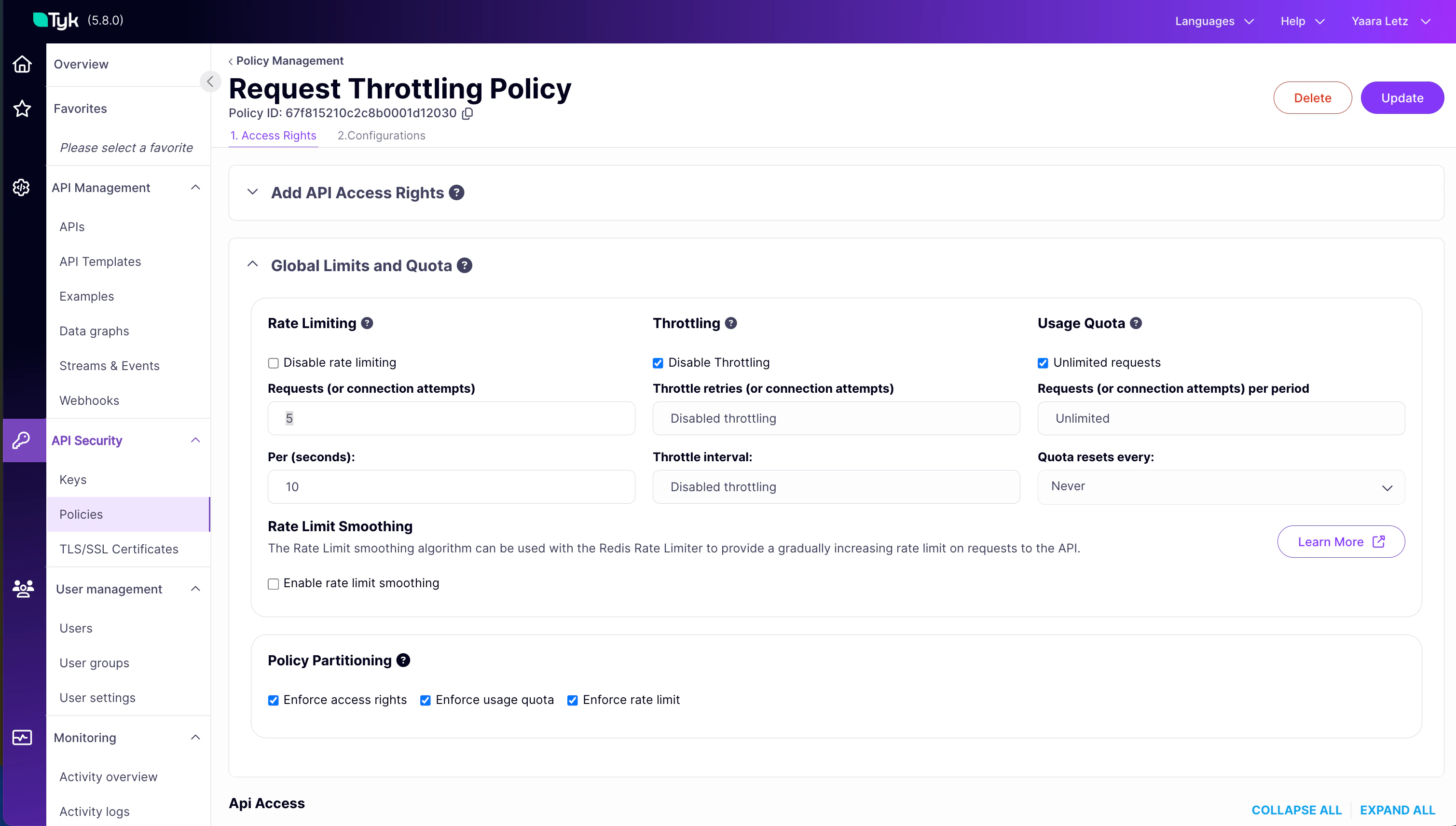 policy with throttling configured