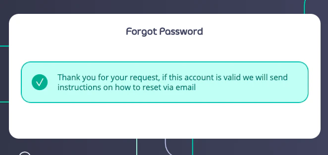 Confirmation screen showing that a password reset email has been sent