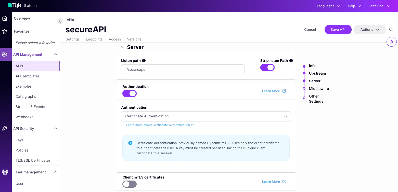 Selecting Certificate Authentication in the Tyk OAS API Designer