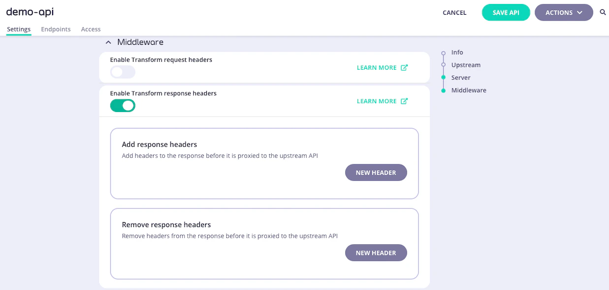 Tyk OAS API Designer showing API-level Response Header Transform