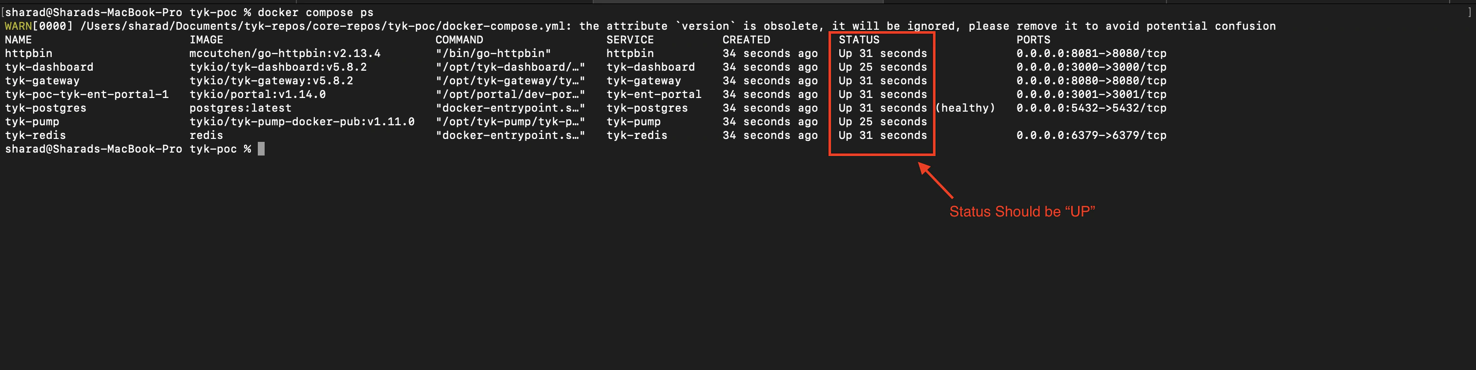Docker Container Status of Tyk Self Managed Trial