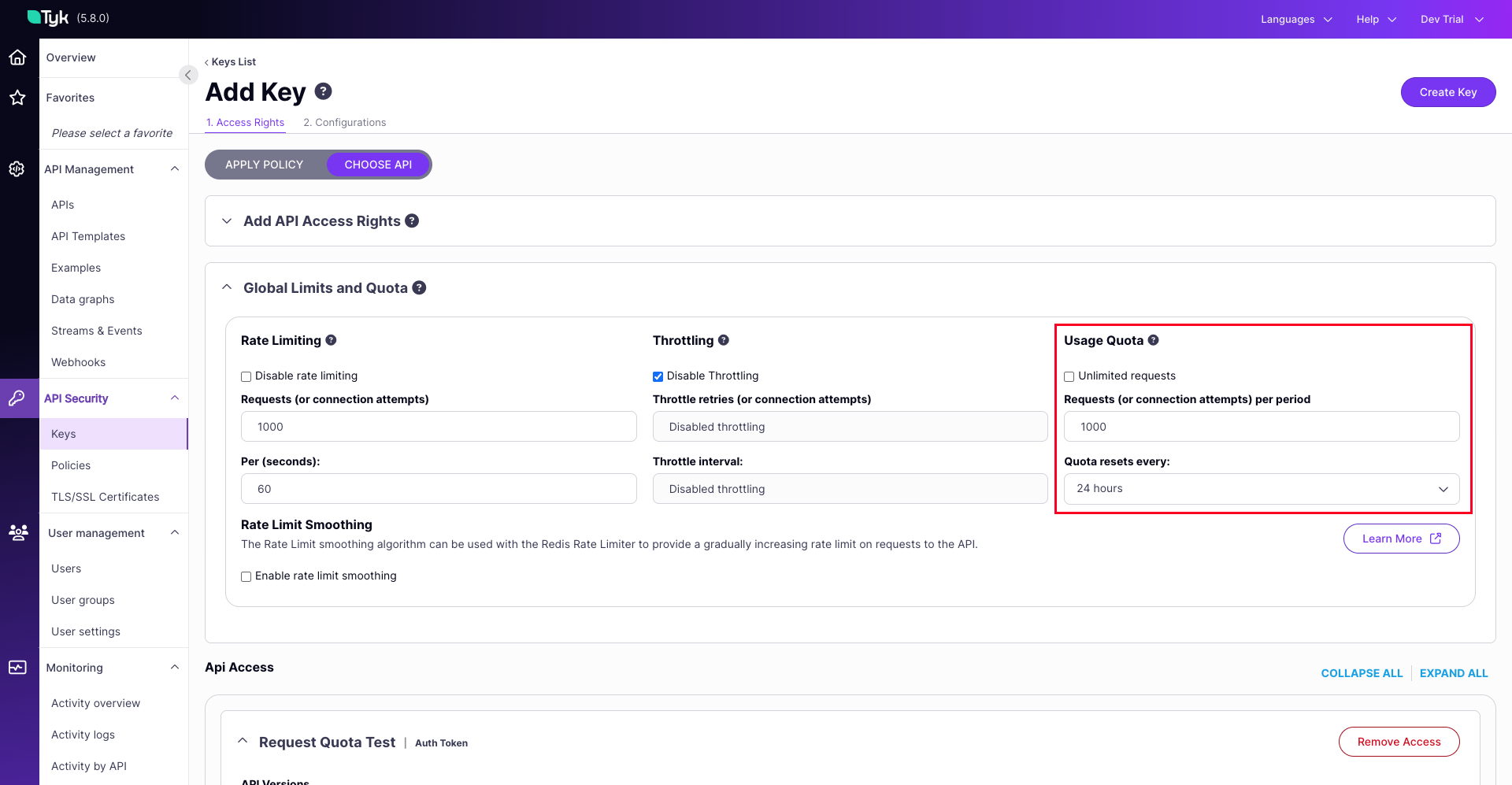 policy with request quota configured