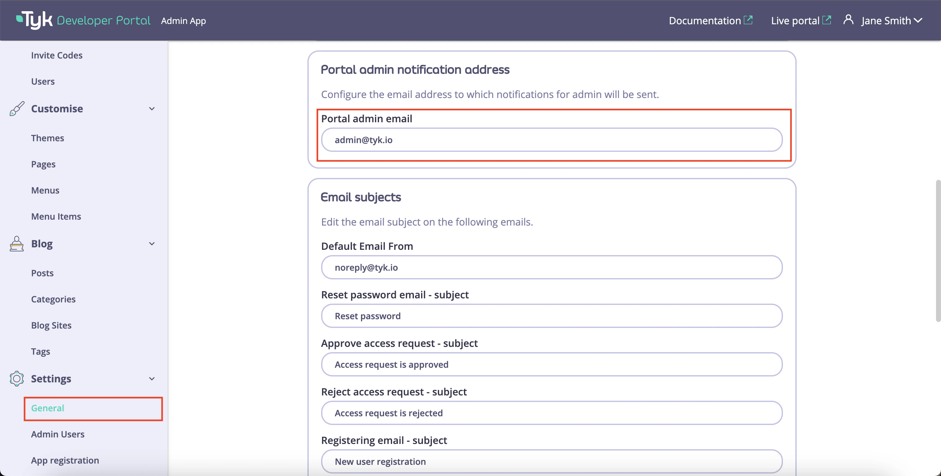 Portal admin notification address settings