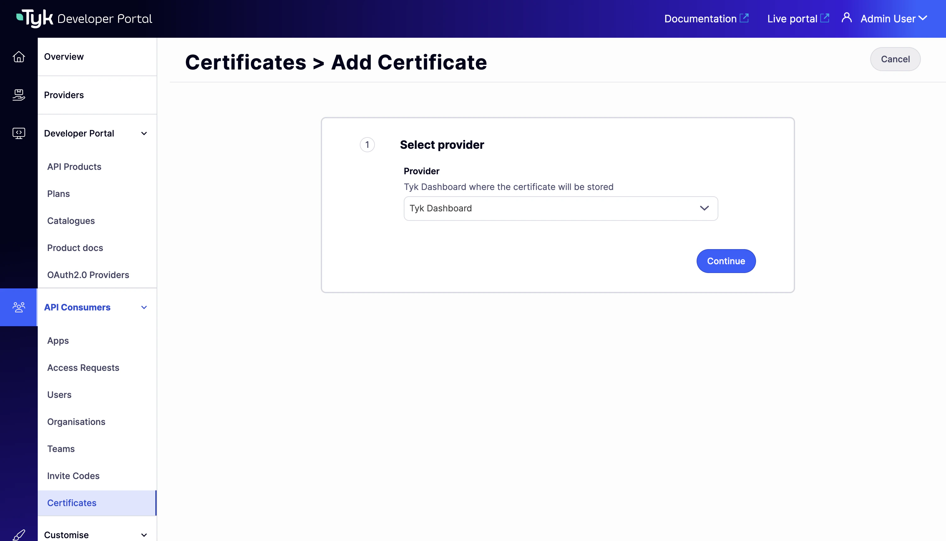 Step 1 of the Add Certificate wizard — selecting a Provider