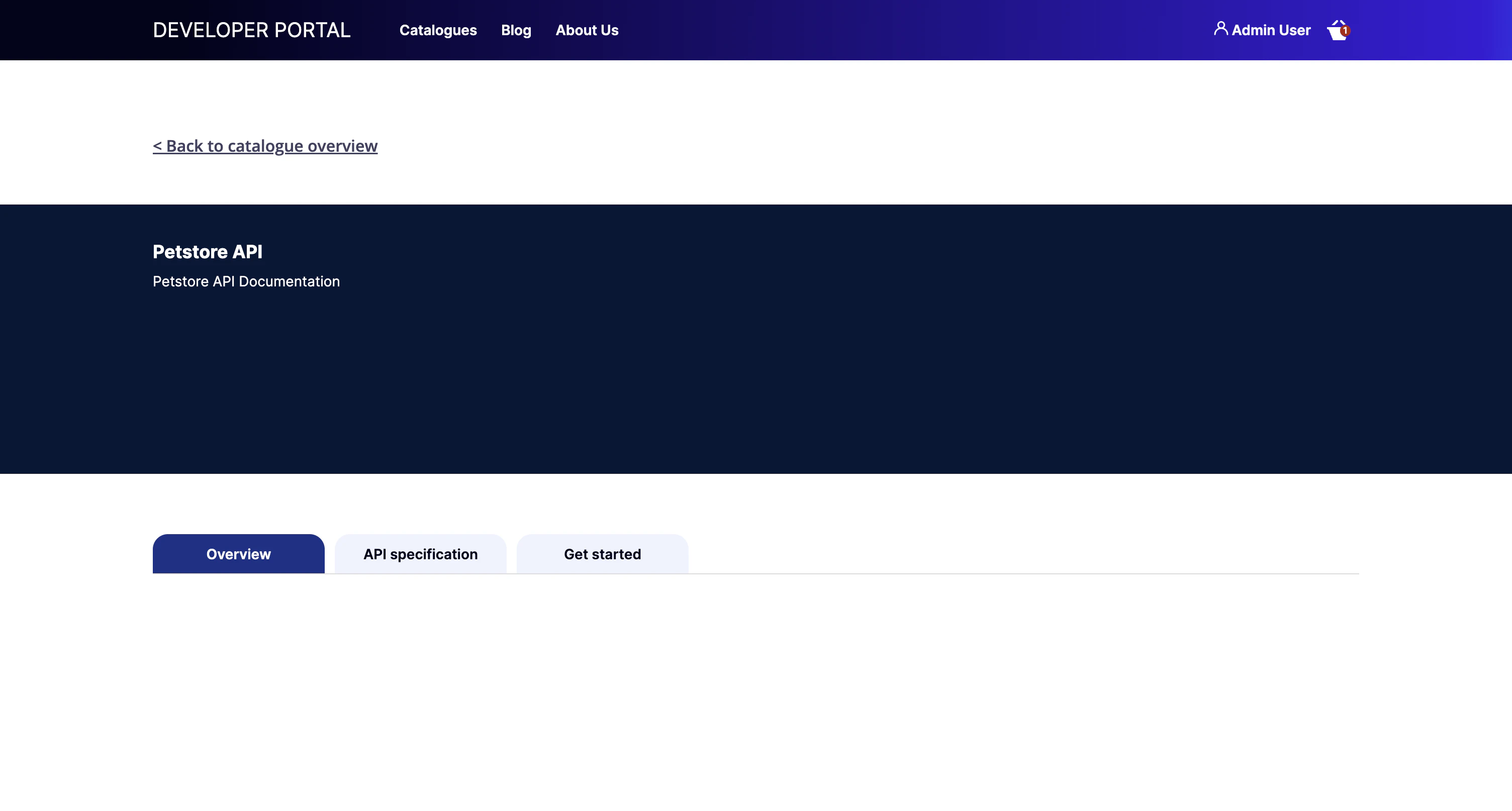 Live Portal page for a documentation-only Product, showing the Overview, API specification, and Get Started tabs with no Request Access button
