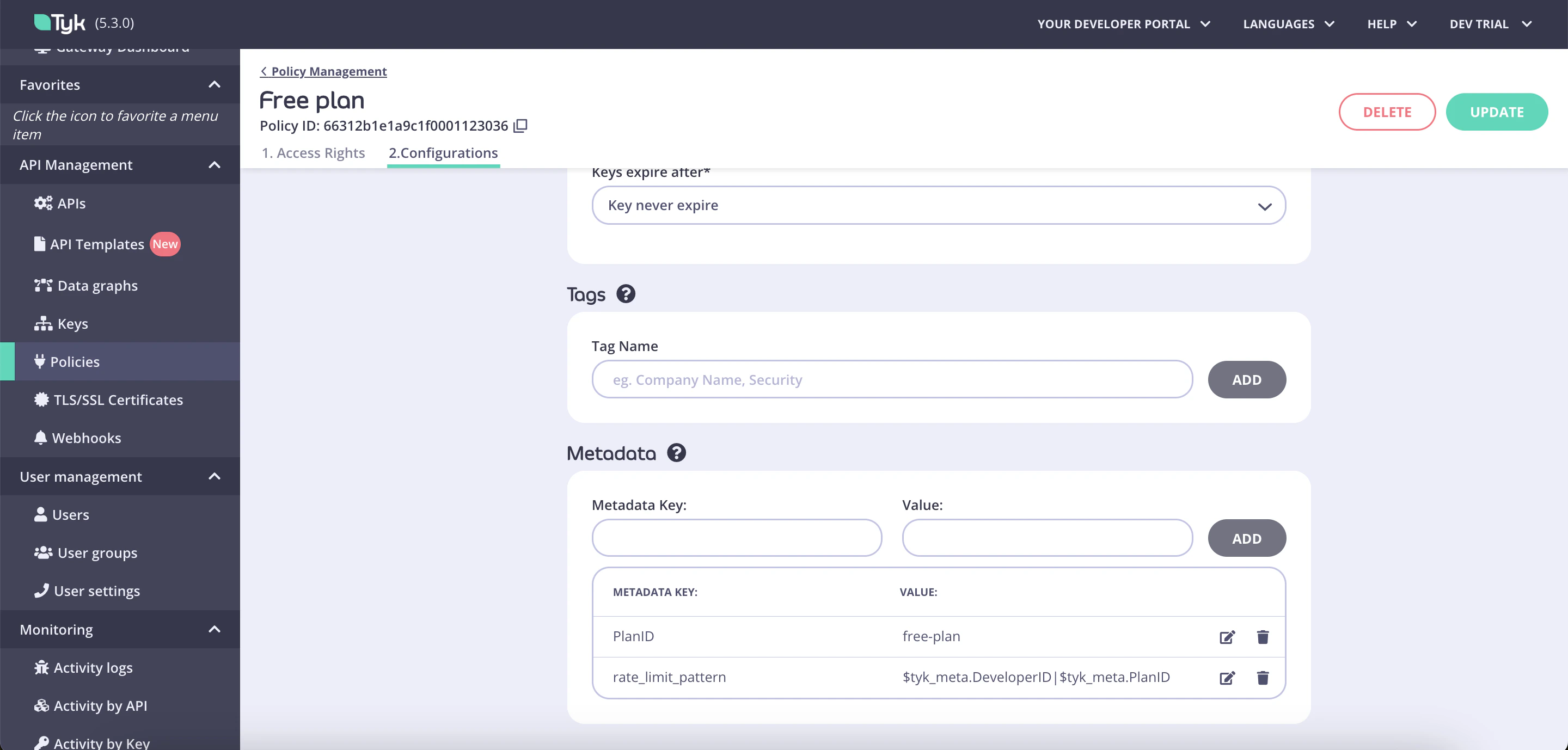 Configuring custom rate limit keys